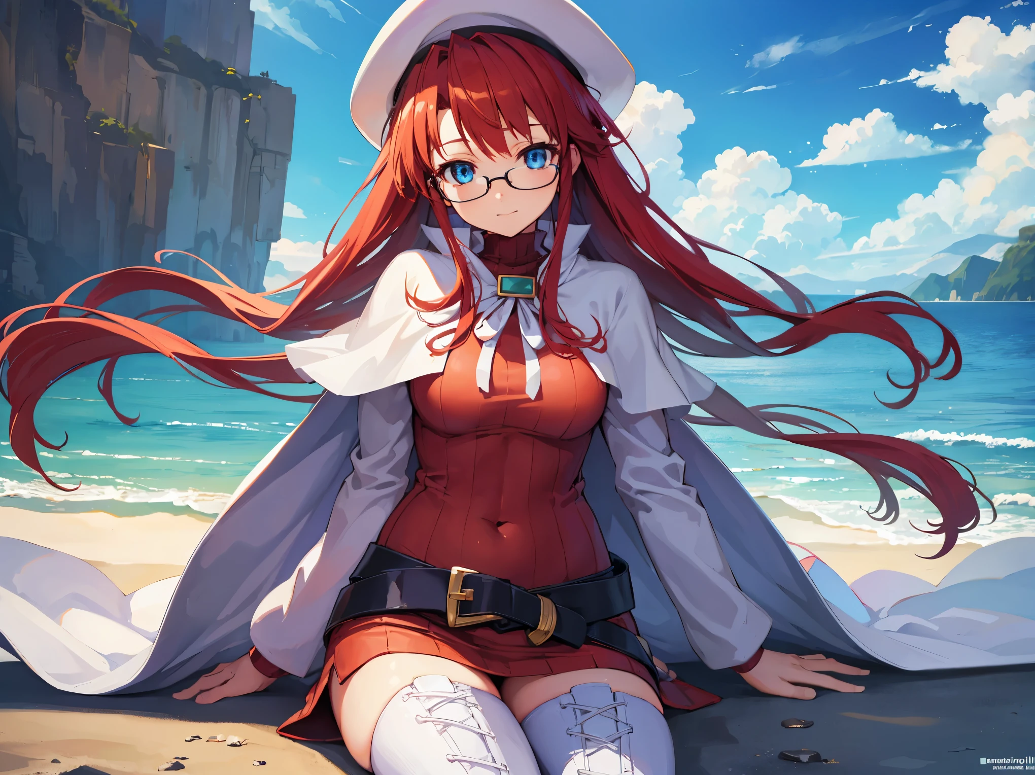 summonnightaty, aty, (young:1.3),long hair, blue eyes, red hair, big_tits, hat, glasses,
BREAK long hair, thighhighs, hat, dress, naked_legs, glasses, belt, cape, sweater, zettai ryouiki, beret, thigh boots, white footwear, ribbed sweater, loose belt,solo,
BREAK outdoors, fantasy,on_beach,
,Highquality_hads,perfect_fingers,
BREAK (masterpiece:1.2), best quality, high resolution, unity 8k wallpaper, (illustration:0.8), (beautiful detailed eyes:1.6), extremely detailed face, perfect lighting, extremely detailed CG, (perfect hands, perfect anatomy),covered_nipples,covered_navel ,half_eyes,long_sword,sleepy,standing,red_sweater,apart_knees,magical_effect,spread_legs, have_a_book,teacher,rise_knee,Smile,rise_hand,look_down_viewer,spread_arms,sea_waves,looking_into,blue_sky,sitting,plump,