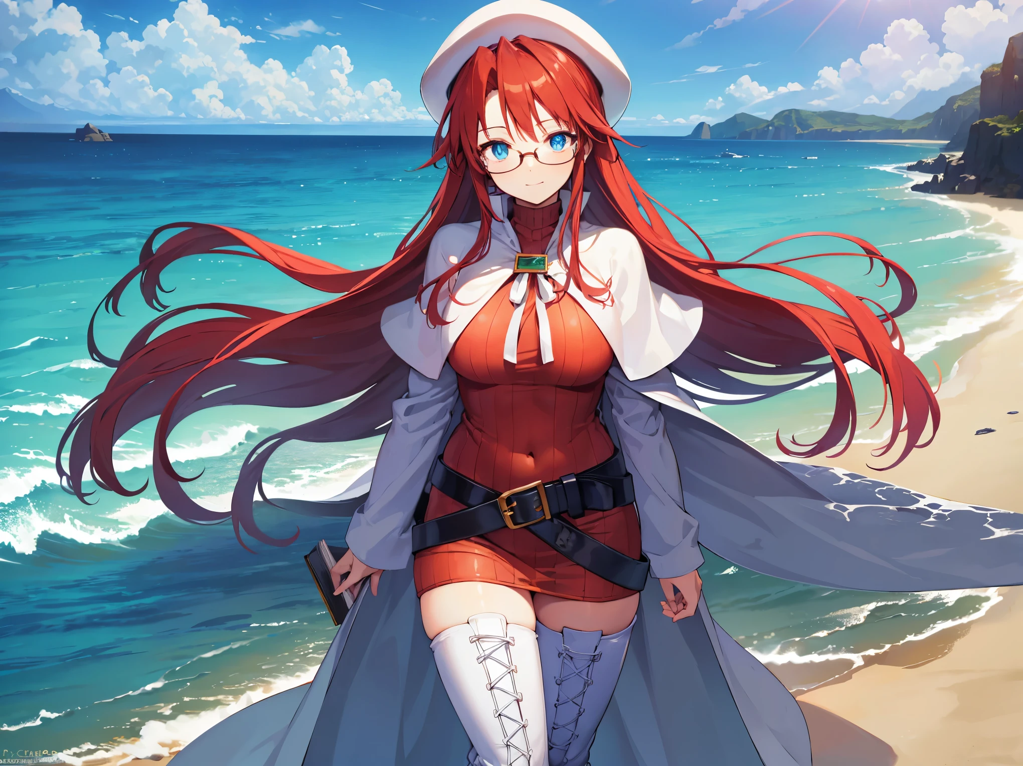 summonnightaty, aty, (young:1.3),long hair, blue eyes, red hair, big_tits, hat, glasses,
BREAK long hair, thighhighs, hat, dress, naked_legs, glasses, belt, cape, sweater, zettai ryouiki, beret, thigh boots, white footwear, ribbed sweater, loose belt,solo,
BREAK outdoors, fantasy,on_beach,
,Highquality_hads,perfect_fingers,
BREAK (masterpiece:1.2), best quality, high resolution, unity 8k wallpaper, (illustration:0.8), (beautiful detailed eyes:1.6), extremely detailed face, perfect lighting, extremely detailed CG, (perfect hands, perfect anatomy),covered_nipples,covered_navel ,half_eyes,long_sword,sleepy,standing,red_sweater,apart_knees,magical_effect,spread_legs, have_a_book,teacher,rise_knee,Smile,rise_hand,look_down_viewer,spread_arms,sea_waves,looking_into,blue_sky,sitting,plump,