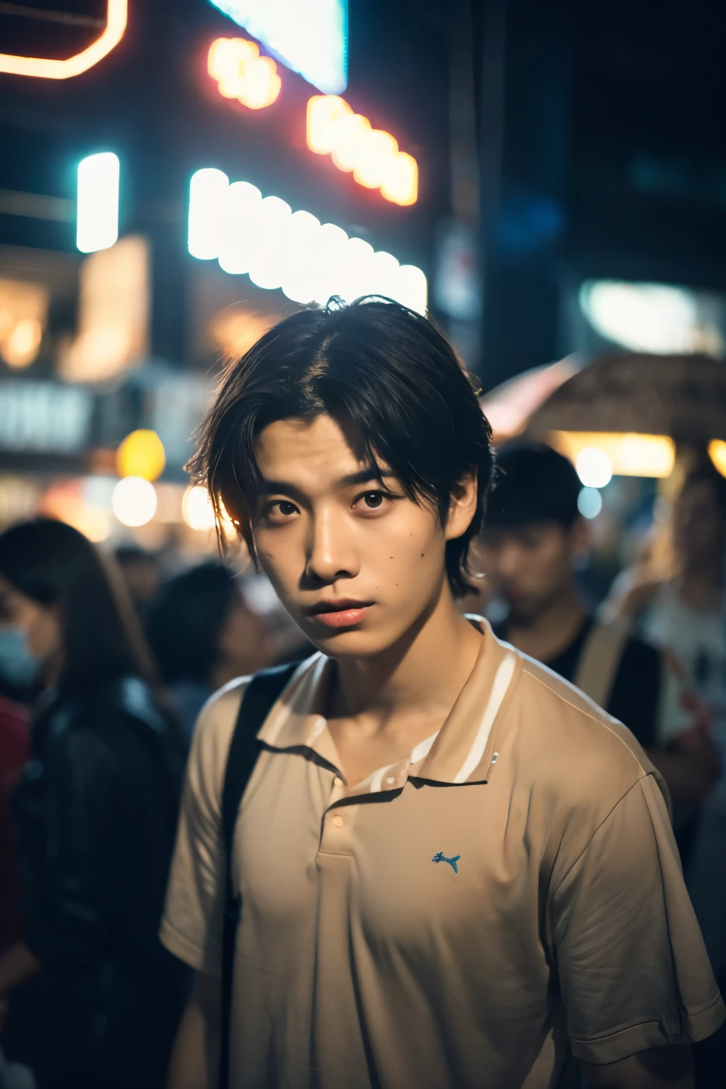 ((melhor qualidade)), (Cinematic Aesthetics:1.4) Foto de um lindo modelo HOMEM coreano CABELO LONGO bokeh city night