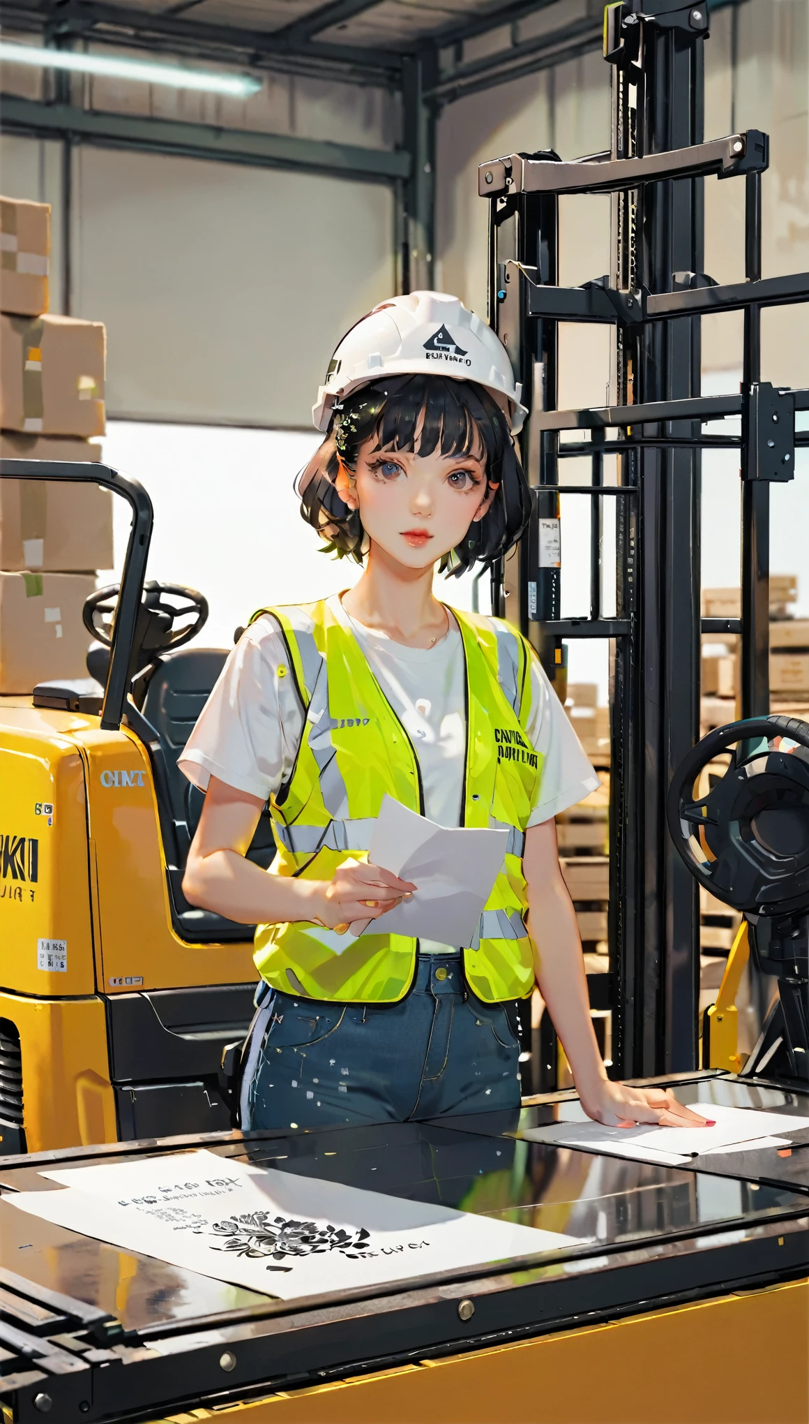 (((paper cutting style))), 1 girl, black hair, short hair, portfolio, T-shirt, denim, safety vest, show entire forklift, helmet