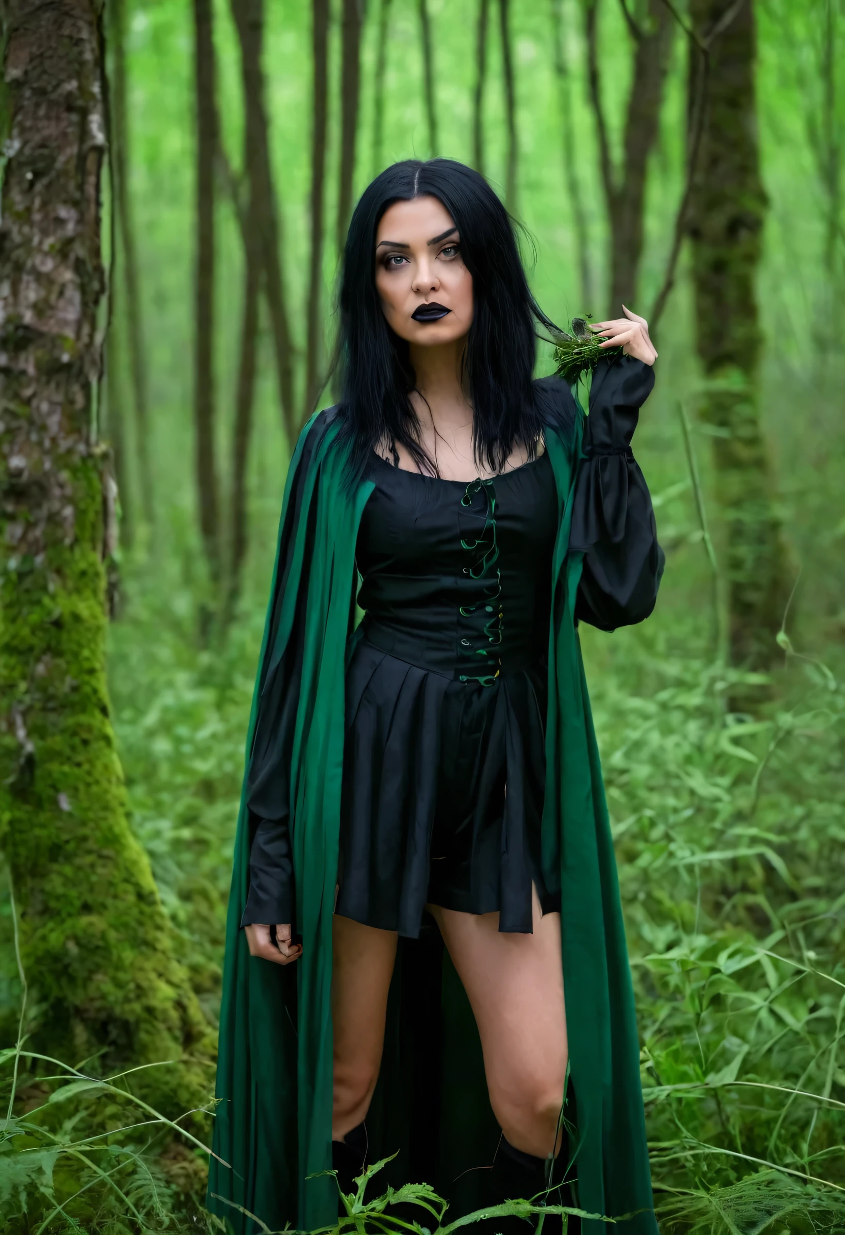 woman, black hair, witch type, doing bad things, looking at the camera, in a green forest