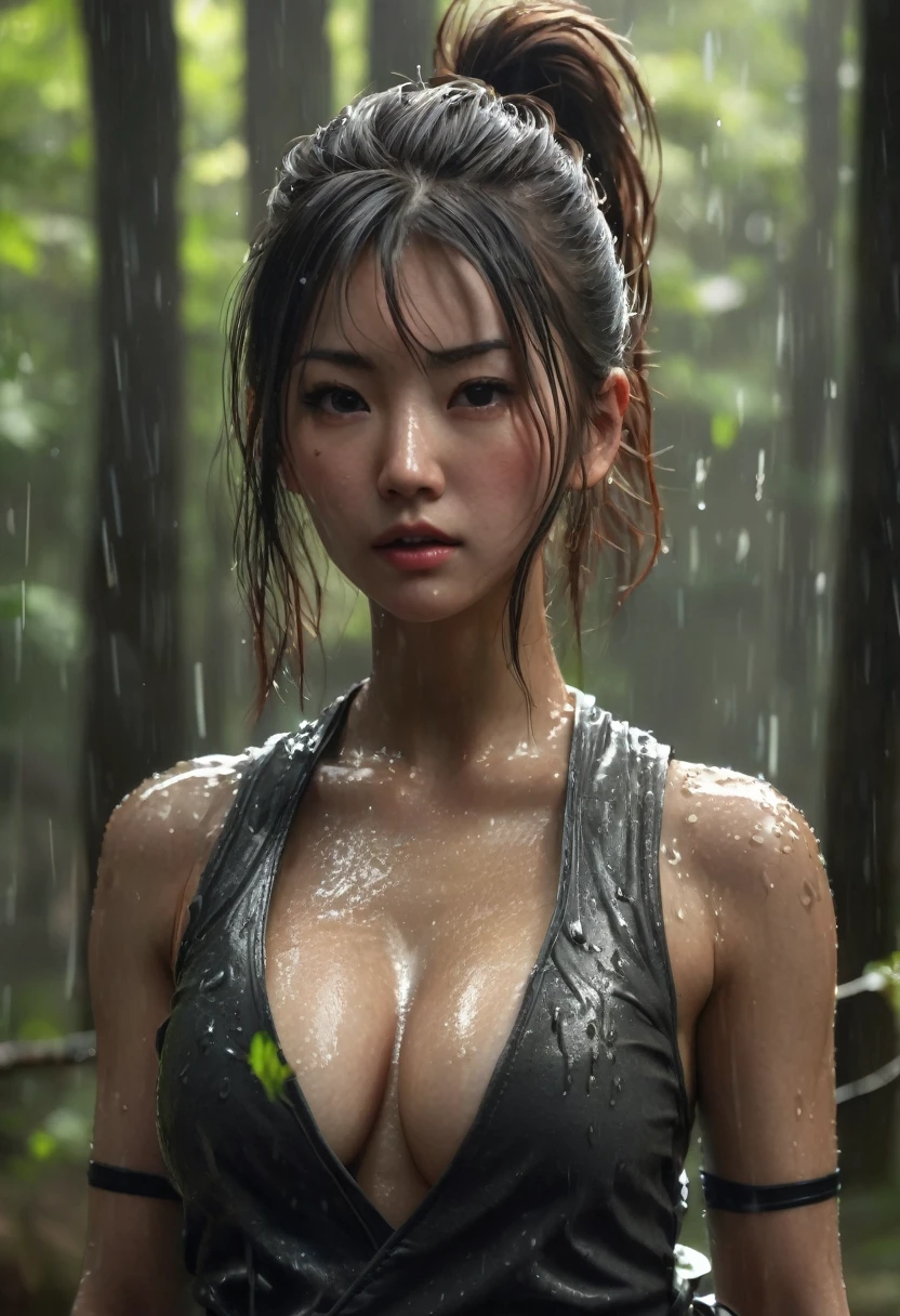 A Japanese warrior big breasts girl with hyperrealistic details and atmospheric depth in a rainy forest filled with sunlight, dynamic shadows and highlights highlighting her tattered tank top and katana outfit, determined expression, attacking movement poses that jump dynamically in the air, facing the front, screaming, beautiful yet menacing atmosphere, evoking mystery and personal interpretation of his journey, Cinematic, hyperrealism, realistic lighting, ultra skin texsture, stable diffusion, perfect anatomy, crazy details, hyperrealism body, hyperrealism face, hyperrealism breast, hyperrealism hair, hyperrealism shadows, hyperrealism texsture, hyperrealism skin texsture, hyperrealism detailed face, hyperrealism detailed body, hyperrealism detailed breast, hyperrealism detailed hair, hyperrealism detailed anatomy, hyperrealism detailed lighting, hyperrealism detailed shadows, hyperrealism detailed texsture, hyperrealism detailed background, hyperrealism detailed rain, hyperrealism detailed wet body, hyperrealism detailed wet tank top