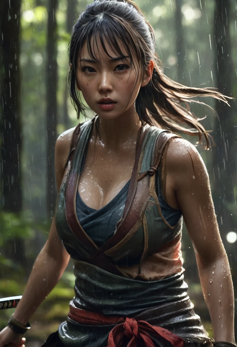 A Japanese warrior big breasts girl with hyperrealistic details and atmospheric depth in a rainy forest filled with sunlight, dynamic shadows and highlights highlighting her tattered tank top and katana outfit, determined expression, attacking movement poses that jump dynamically in the air, facing the front, screaming, beautiful yet menacing atmosphere, evoking mystery and personal interpretation of his journey, Cinematic, hyperrealism, realistic lighting, ultra skin texsture, stable diffusion, perfect anatomy, crazy details, hyperrealism body, hyperrealism face, hyperrealism breast, hyperrealism hair, hyperrealism shadows, hyperrealism texsture, hyperrealism skin texsture, hyperrealism detailed face, hyperrealism detailed body, hyperrealism detailed breast, hyperrealism detailed hair, hyperrealism detailed anatomy, hyperrealism detailed lighting, hyperrealism detailed shadows, hyperrealism detailed texsture, hyperrealism detailed background, hyperrealism detailed rain, hyperrealism detailed wet body, hyperrealism detailed wet tank top