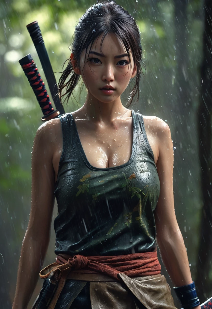 A Japanese warrior big breasts girl with hyperrealistic details and atmospheric depth in a rainy forest filled with sunlight, dynamic shadows and highlights highlighting her tattered tank top and katana outfit, determined expression, attacking movement poses that jump dynamically in the air, facing the front, screaming, beautiful yet menacing atmosphere, evoking mystery and personal interpretation of his journey, Cinematic, hyperrealism, realistic lighting, ultra skin texsture, stable diffusion, perfect ???????, crazy details, hyperrealism body, hyperrealism face, hyperrealism breast, hyperrealism hair, hyperrealism shadows, hyperrealism texsture, hyperrealism skin texsture, hyperrealism detailed face, hyperrealism detailed body, hyperrealism detailed breast, hyperrealism detailed hair, hyperrealism detailed ???????, hyperrealism detailed lighting, hyperrealism detailed shadows, hyperrealism detailed texsture, hyperrealism detailed background, hyperrealism detailed rain, hyperrealism detailed wet body, hyperrealism detailed wet tank top