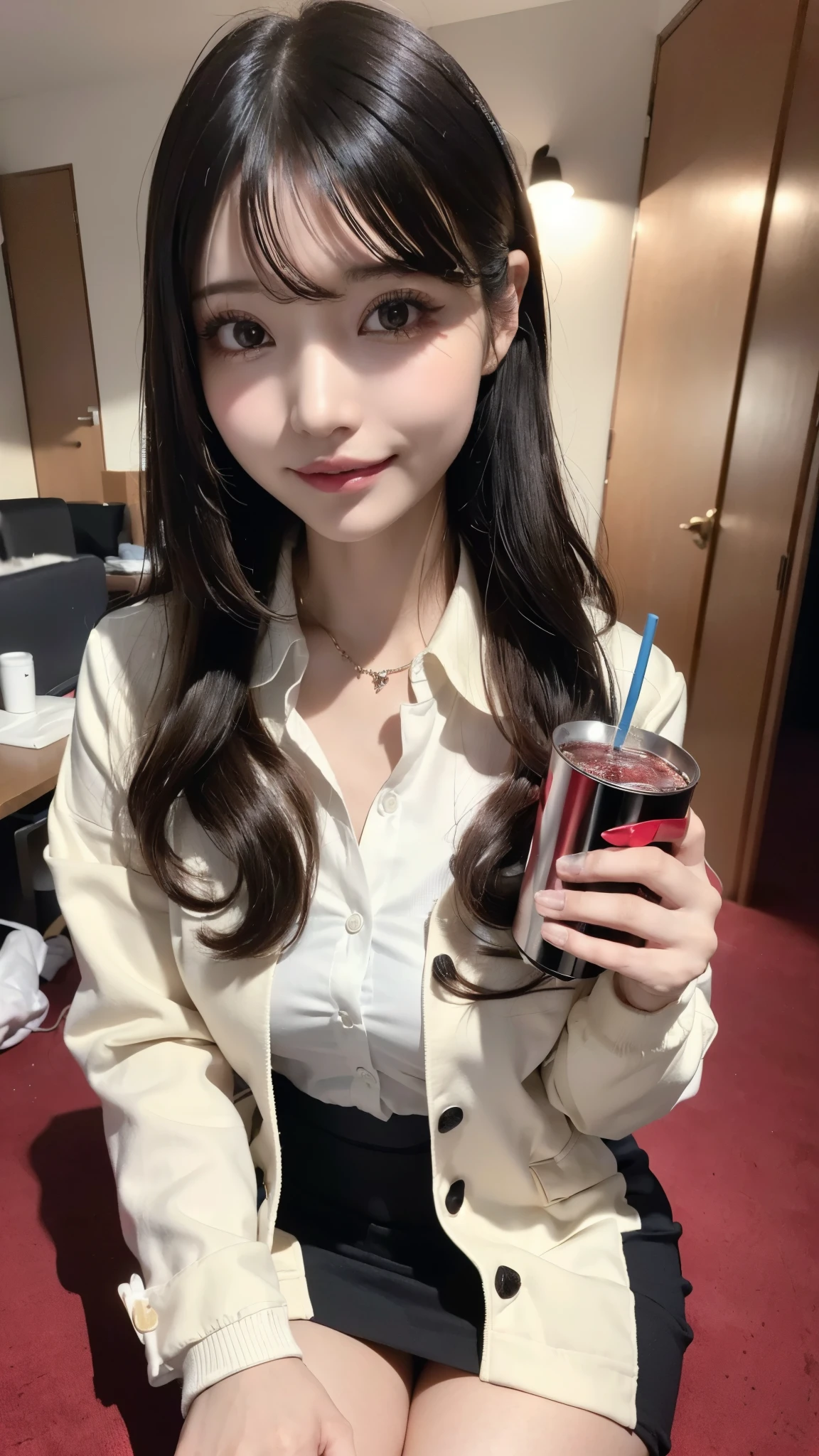 (SFW:1.8, highest quality、highest quality、masterpiece、Ultra-high resolution, 8k, RAW Photos, Realistic: 1.4), (Safe and secure、everyone、safety sensor、Absolutely safe, safety)
From feet to head、One Girl, the body is slim、Oval Face, pore, (Colored contact lenses、Lip gloss, Long eyelashes), ((Jirai Girl, Jirai Type Makeup:1.3))、(Mega size super big breasts:1.5),Long black hair, (Oily skin, Glowing Skin), (Perfect Fingers、accessories),
(Little devil smile face、Sexy smile expression:0.8, Open your mouth、Seducing girl),
(Sexy pose, Late Night:1.5、Dark Room:1.5, Dim lighting:1.5)、
(Casual Office Lady Fashion:1.3、White shirt),
Drinking canned beer、Japanese can of beer in hand、(((Messy room、The discarded jacket、Rubbish bag、rubbish、A lot of rubbish:1.5, Dirty room、A room full of rubbish)))、(Apartment Bed Room:1.5,)、Sit on a chair、(Drinking at home、pov:1.8)