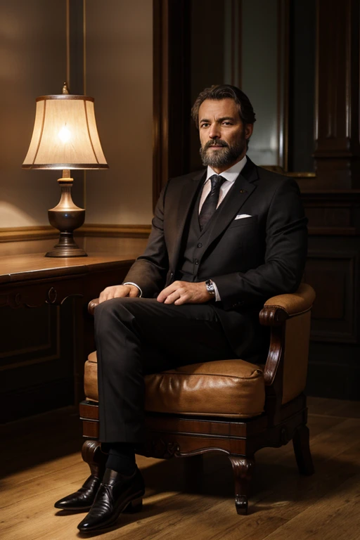 montre moi un homme, 50 ans, barbe grise, pretty black three piece suit, yeux verts, muscle, assis dans un grand et beau fauteuil en cuir. He is in a dark room and is lit by a lamp. Il est assis de face, derrière son grand bureau en bois noble. The image has a tight frame, montrant seulement son buste. 