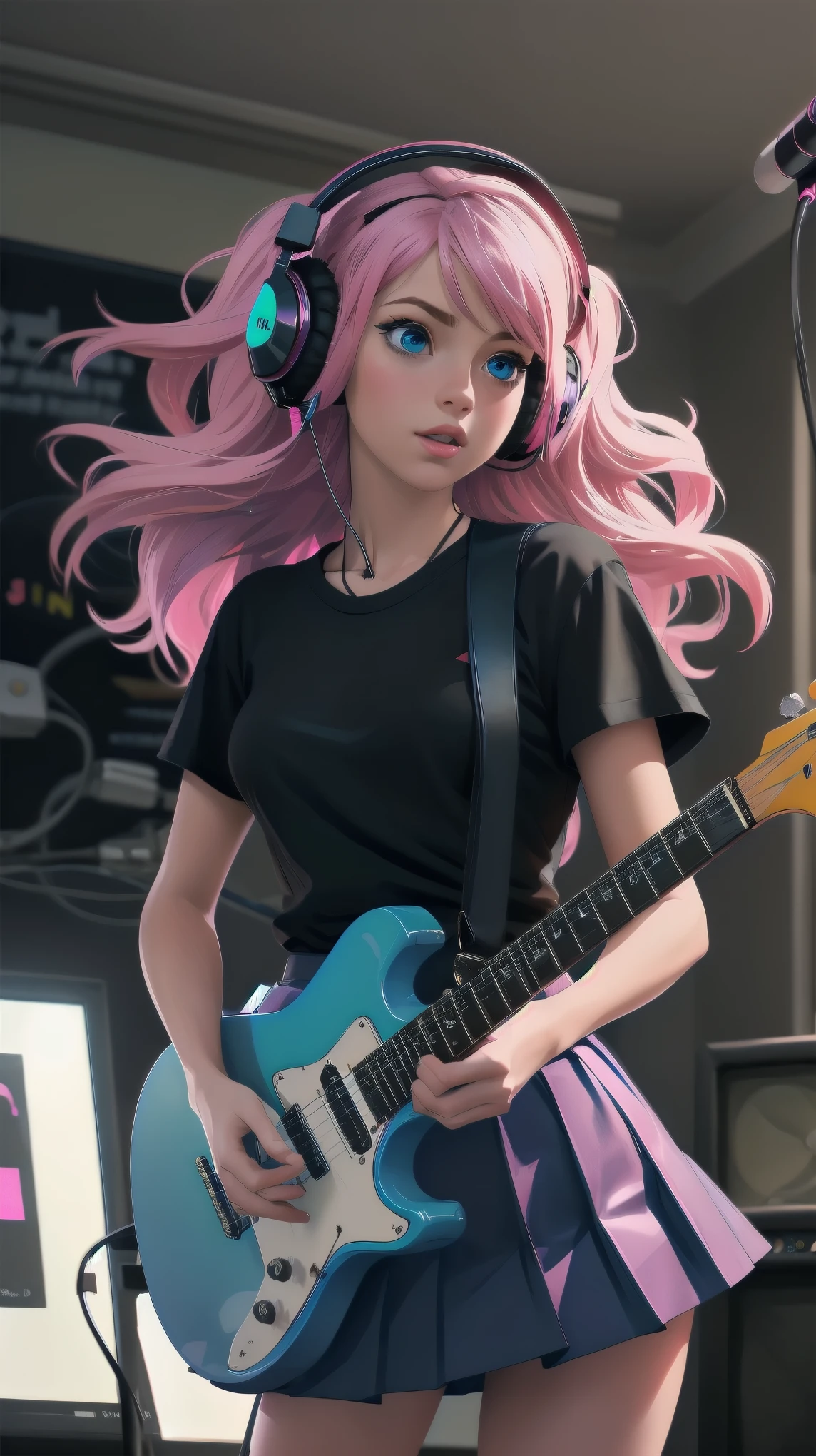 Raw photo, masterpiece, photorealistic, best quality, 1girl playing an electric guitar, black skirt, blue eyes, headphones, holding, holding plectrum, instrument, long hair, music, one side up, pink hair, playing guitar, pleated skirt, black shirt, indoors