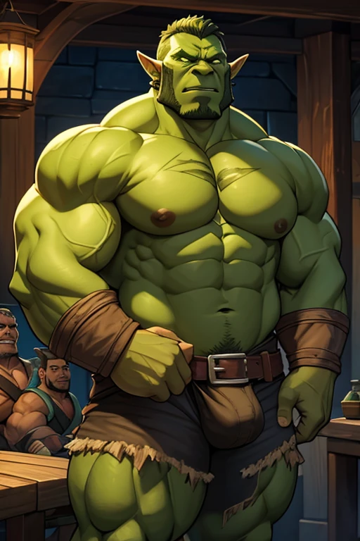 A man pinned by an Orc in a tavern brawl is gradually assimilated to become an Orc as well. Bahgtru. Dumber and dumber. Hypnotized. Dazed. Man to orc. Human face to orc face. Green skin patches. Gradual conversion. Sequence. Tusks. Hyper muscles. Big biceps. Big triceps. Big traps. Broad shoulders. Thick meaty pecs. Big traps. Huge lats. Corruption. Dazed expression. Brainwashed. Hypnosis. Brainwashing. Hypnotizing. Hyper crotch bulge. Big bulging crotch. Human adventurer to Orc barbarian. Torn clothes. Broken belt buckles.