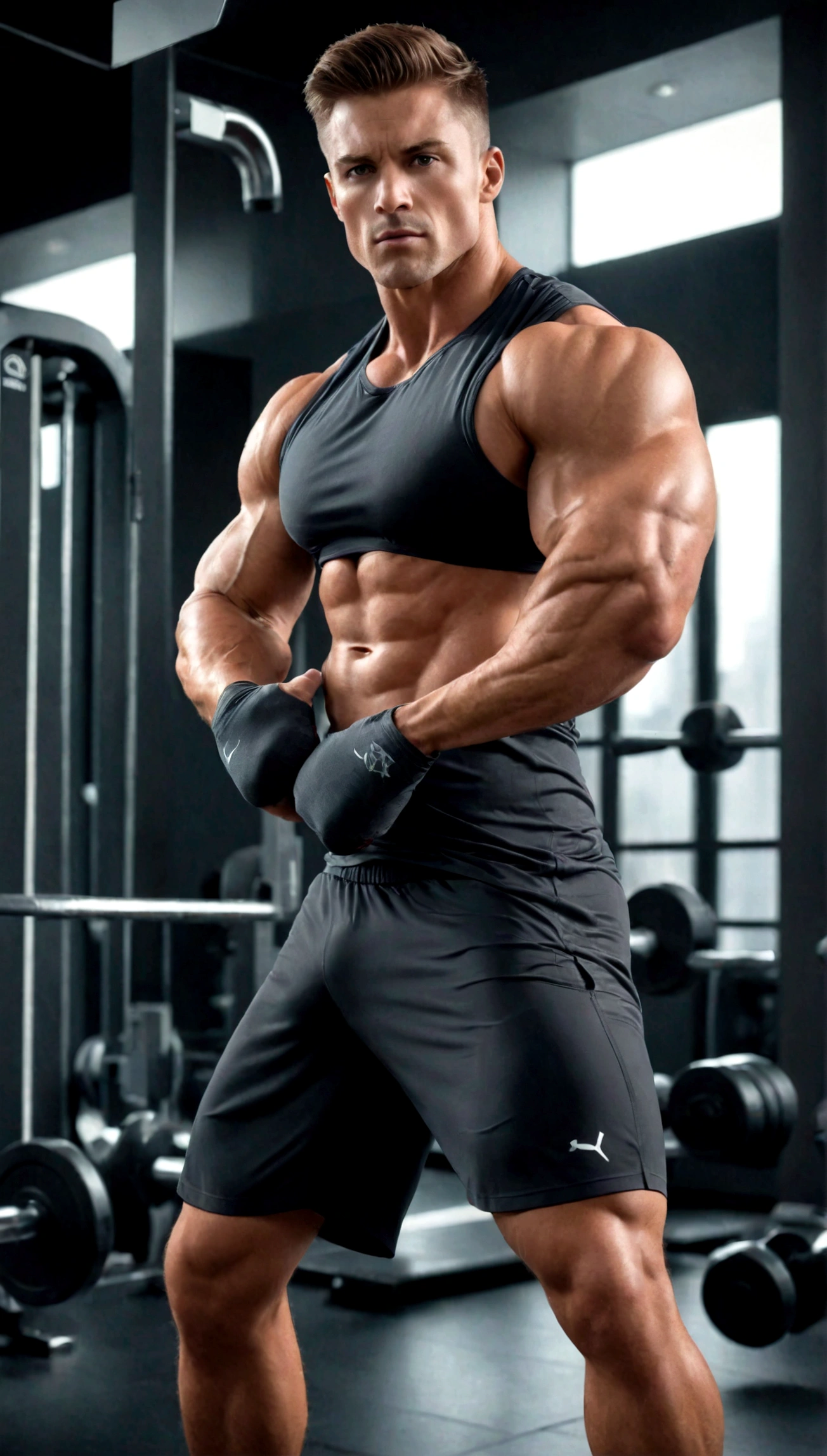 a muscular businessman in a sleek business suit, exercising in a modern gym, commercial fitness photography, cinematic lighting, high-contrast, dramatic angles, lean muscular physique, powerful, determined expression, (best quality,4k,8k,highres,masterpiece:1.2),ultra-detailed,(realistic,photorealistic,photo-realistic:1.37),corporate executive, executive fitness, fitness inspiration, corporate wellness, dynamic pose, athletic, studio lighting, HDR, sharp focus