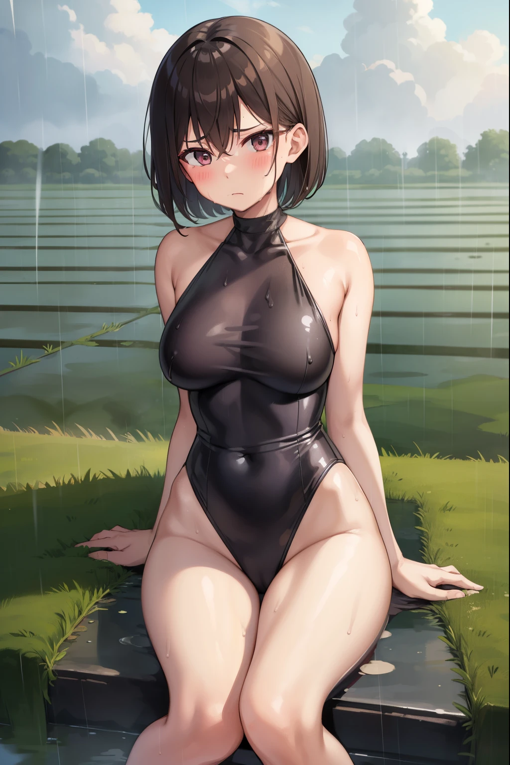 Sitting flat on the rice field,1 girl,rain,cloudy,fog,Sweat,The body is covered in mud,Shortcuts,Bob Hair,Brown Hair,Blue leotard,Super High Leg Cut,Slender,barefoot,blush,Serious face,Large Breasts,