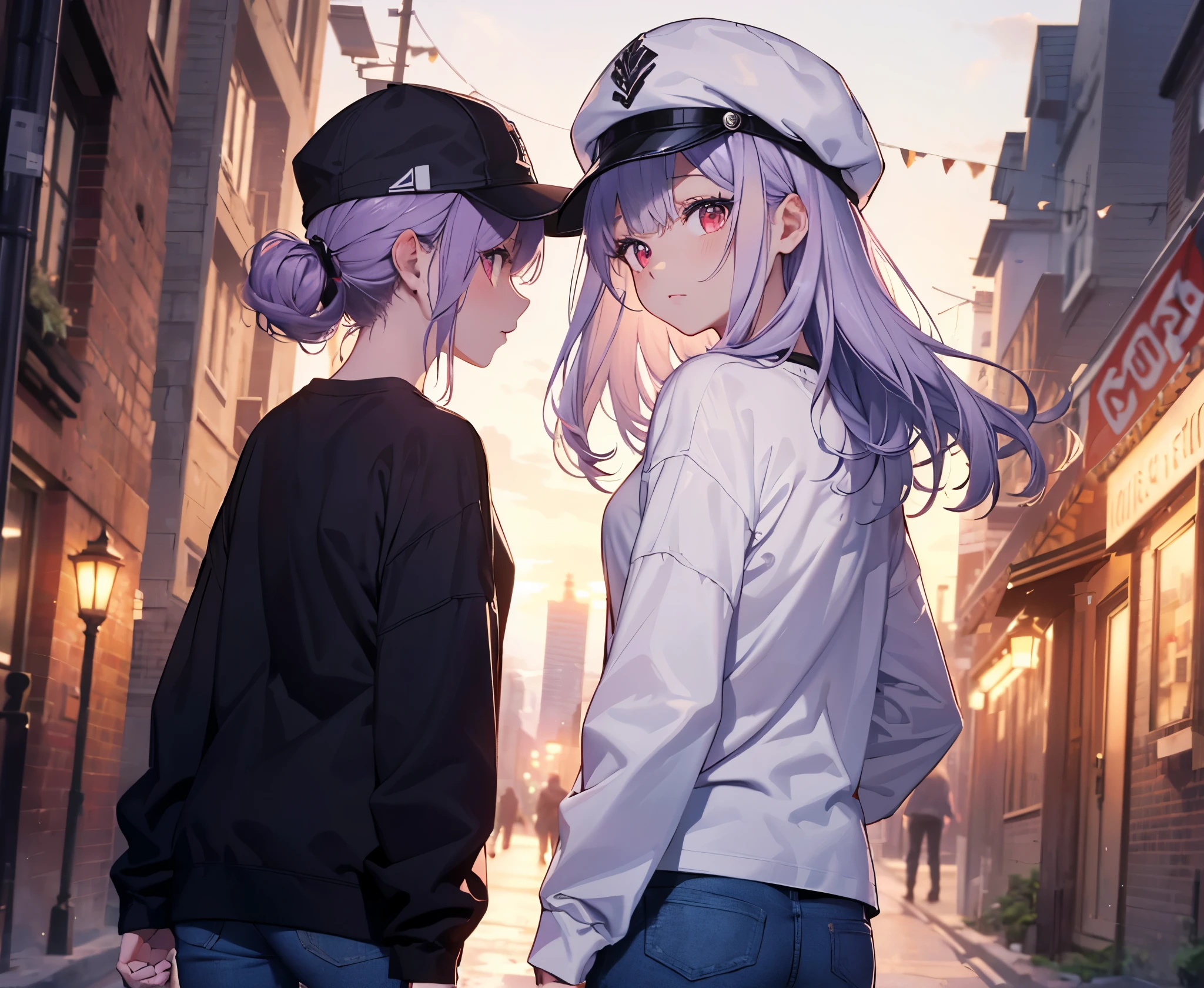 (Close-up:1.3),Realistic,highest quality, Super detailed, High-quality CG rendering, The most delicate and beautiful, Floating softly, High resolution, (1 female), (highest quality,4K,8k,masterpiece:1.2), Light purple hair,Long Hair,Red eyes,(White oversized long sleeve T-shirt:1.3),(Black skinny pants:1.3),(White cap:1.3),In the city,old buildings,(Turn your back to your audience:1.3),Butt