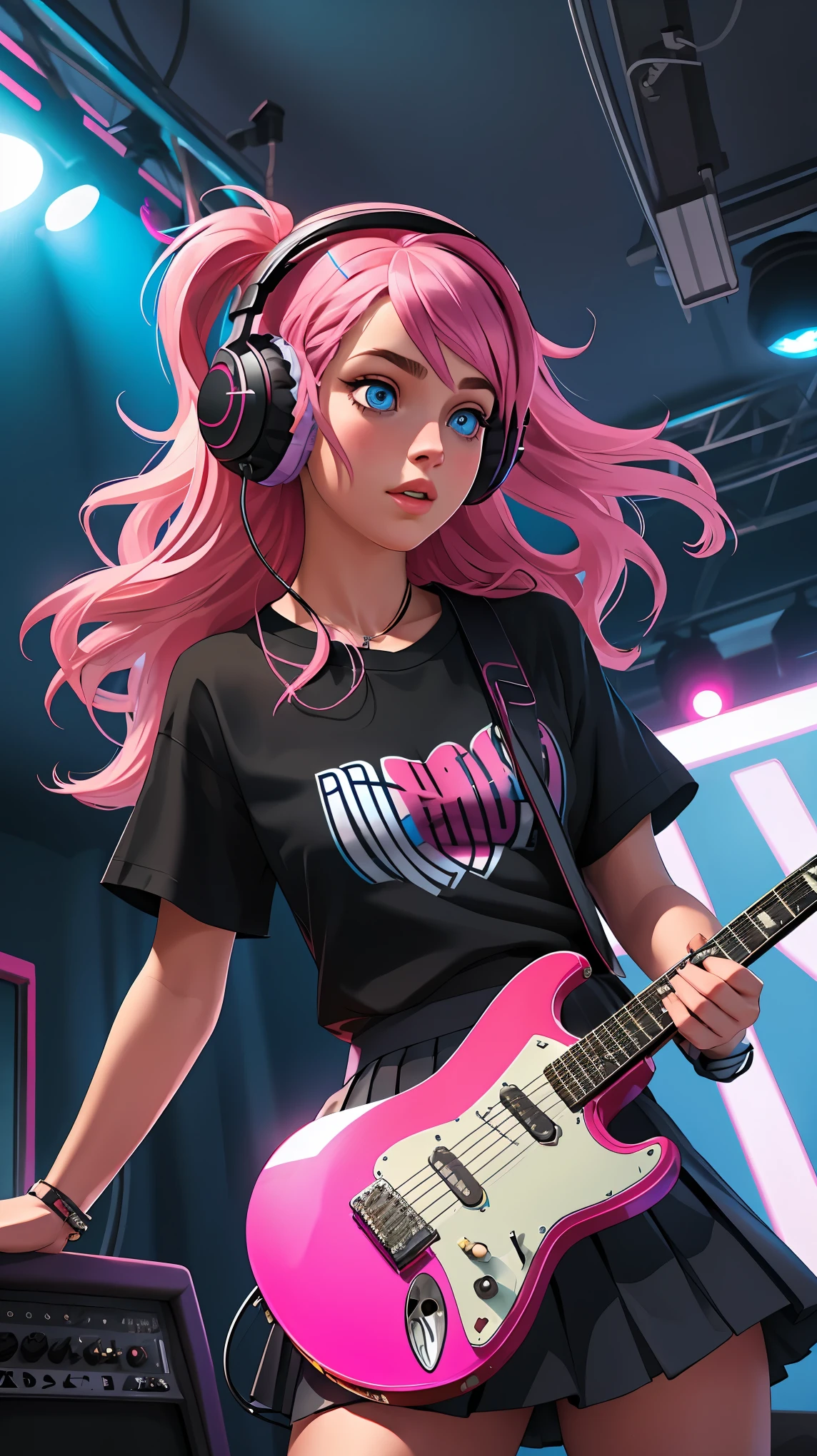 Raw photo, masterpiece, photorealistic, best quality, 1girl playing an electric guitar, black skirt, blue eyes, headphones, holding, holding plectrum, instrument, long hair, music, one side up, pink hair, playing guitar, pleated skirt, black shirt, indoors