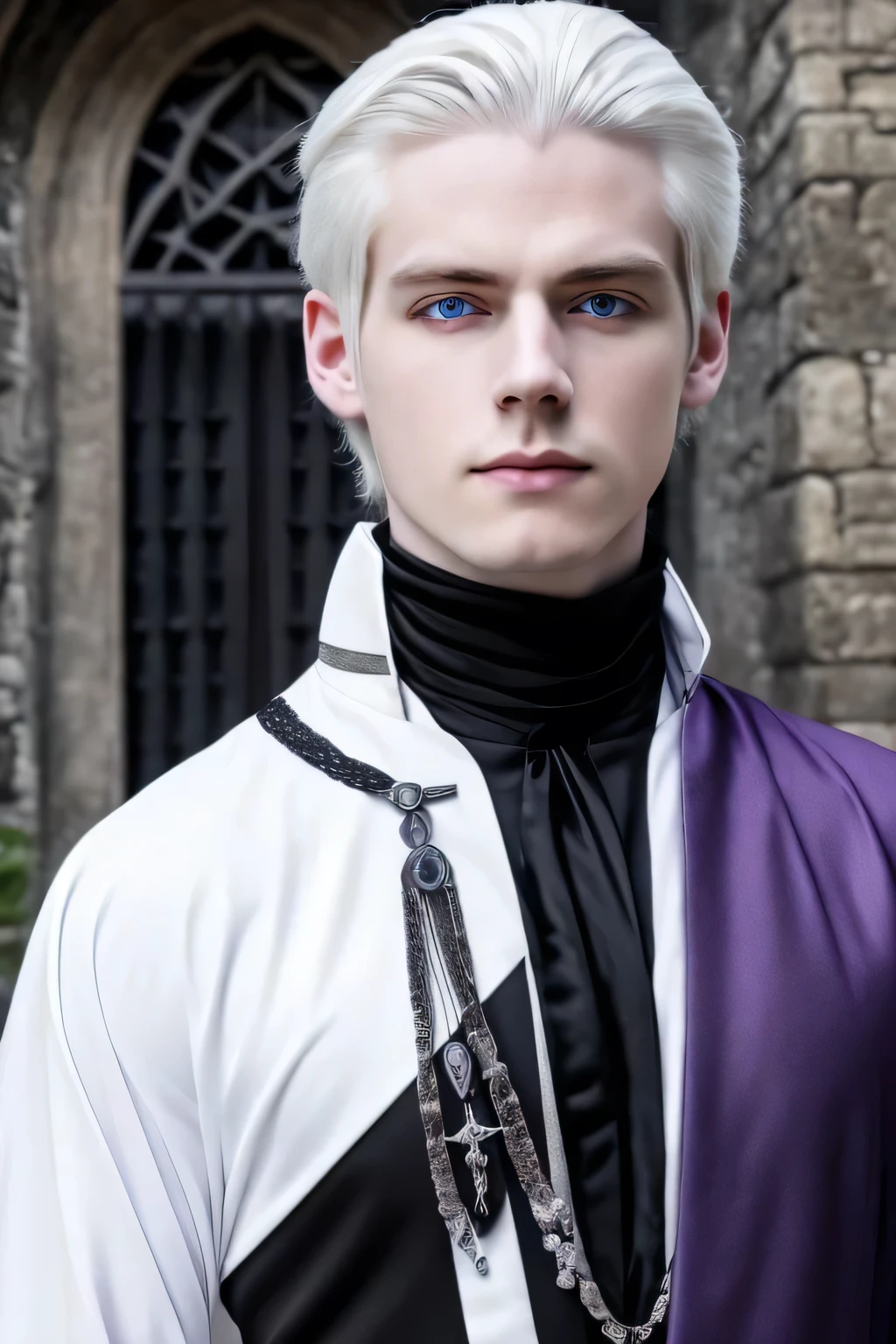 Pale skin, Pure white hair mixed with violet, purple detailed eyes, scar over his eye, wearing a dragon necklace, male in black nobility clothing, background is a medieval castle.