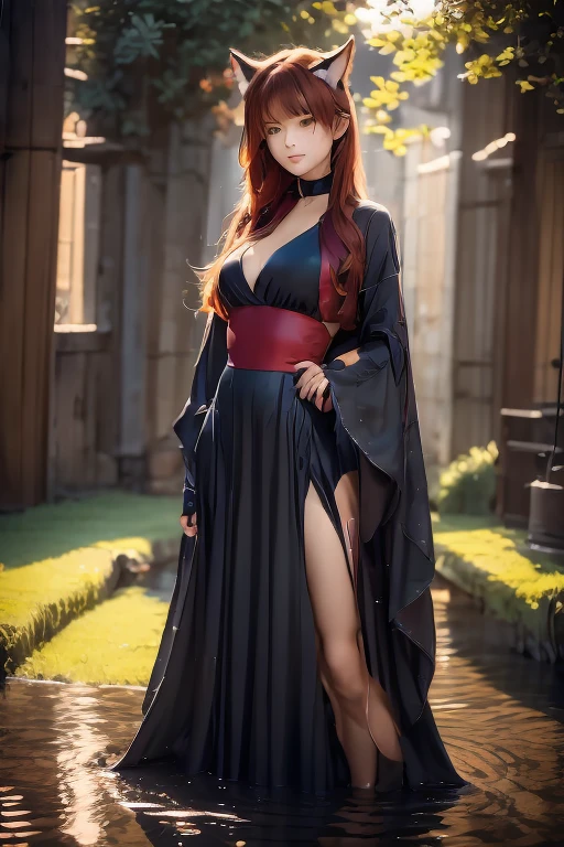 Young catgirl like Mari from blue archive but realistic, nice face, green eyes, ginger fur cat ears on her head, red hair, dark purple clothes of a priest s robe. Enviroment: girl standing on feet on the surface of the water, against the backdrop of a deep starry sky, the milky way and the moon. Mistycal style, twilight atmosphere. Light: soft, the stars glow and slightly reflect in the clothes robe, reflect in water surface. Ultra - Wide Angle —s 500