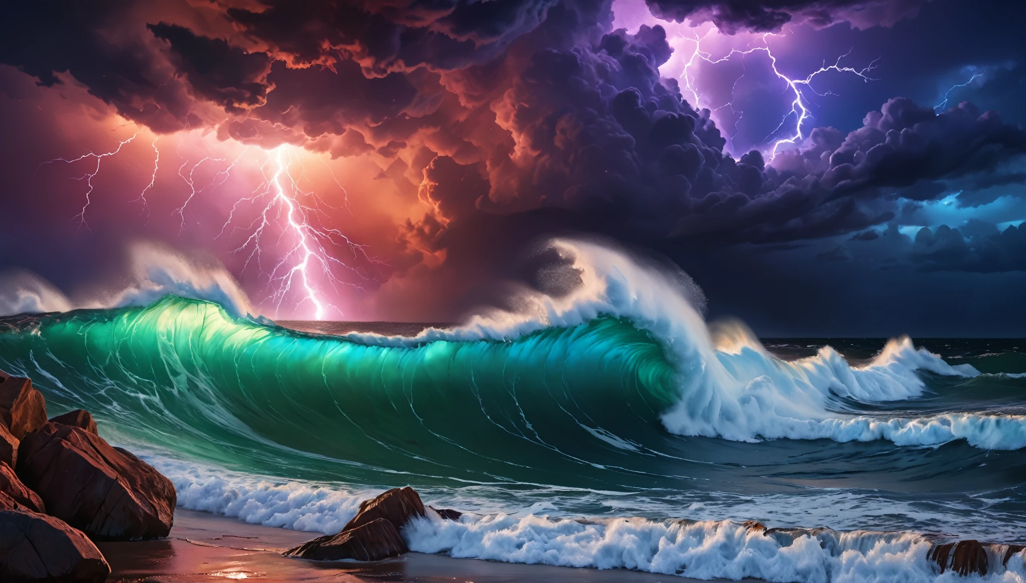Photo-realistic, Rough sea, dark clouds, Colorful red, green, blue, purple, yellow and red lightning, rock, (Night:1.2), Very big and tall (iridescent glow:1.4) wave,