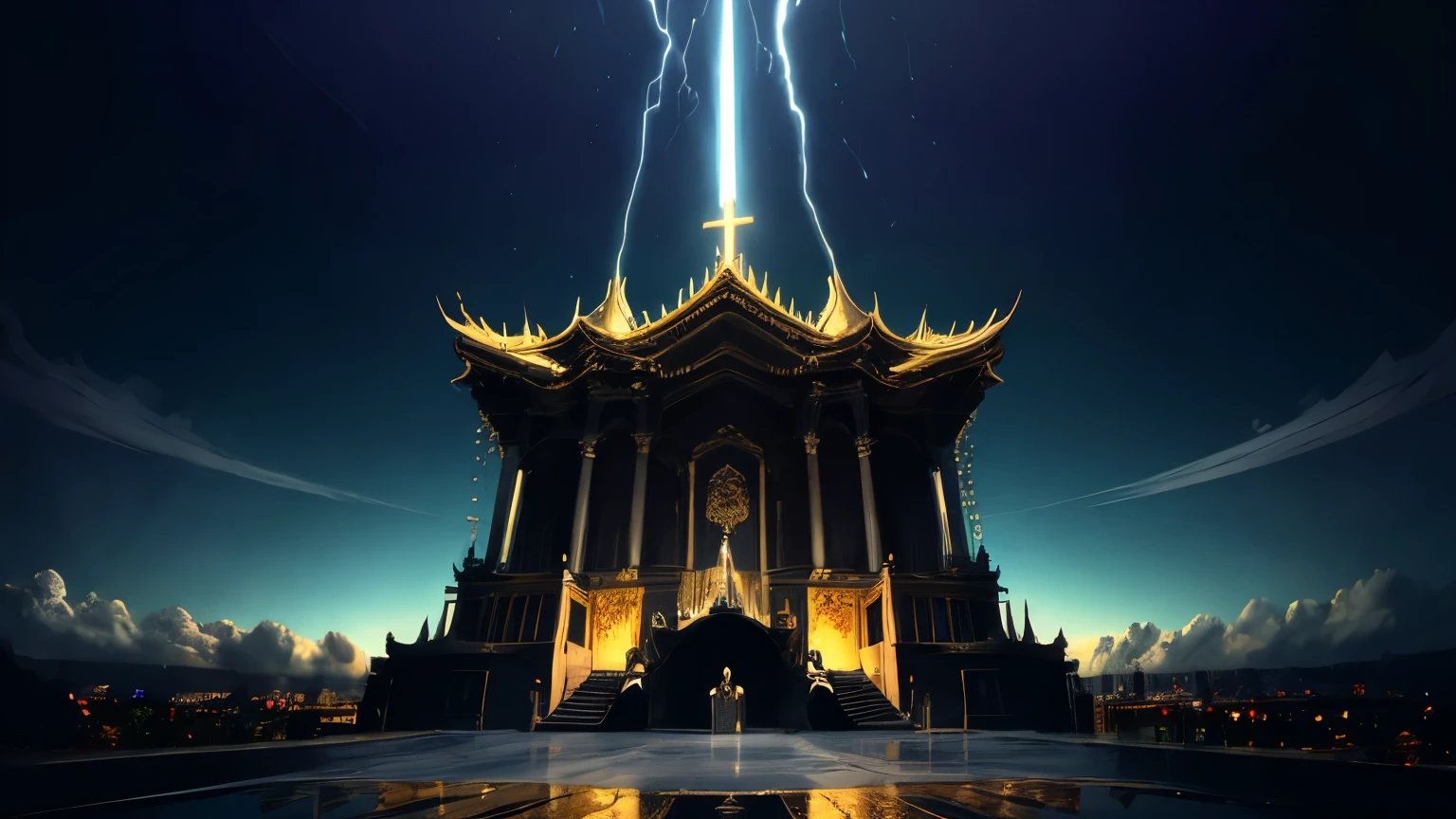 Jesus Christ, bright white light, walking on the clouds, tall gold and white building architecture in the distance, UE5, high-res, ,8k, metallic gold and white, intricate details, Highly detailed, Breathtaking, sharp focus, Glass Art, white and gold, Most Beautiful People in Heaven sitting on thrones with GOD,