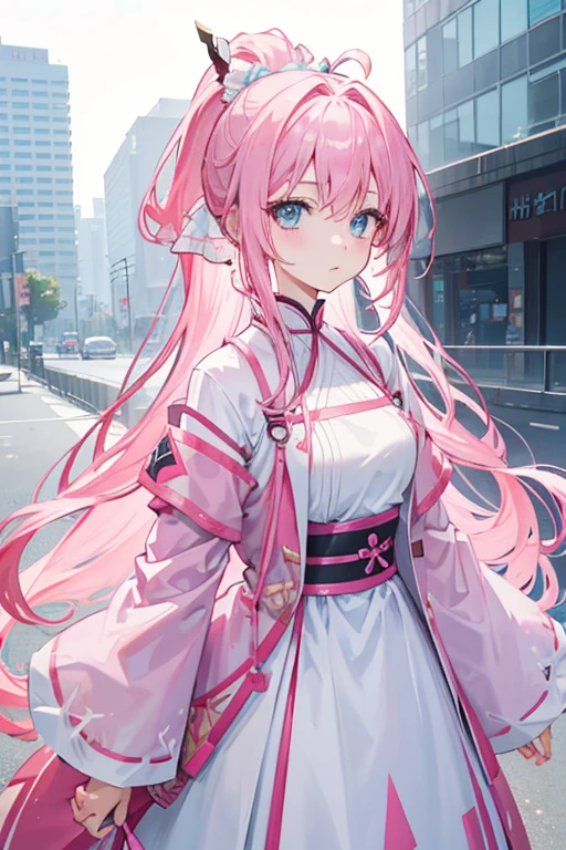 Pink Hair、ponytail、、Long Hair、woman、young、Light blue eyes、Clothes、Modest chest、、Solid stuff!