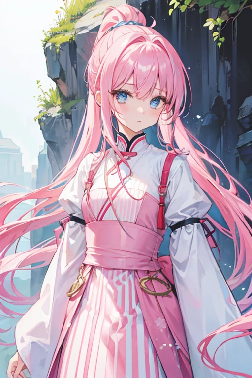 Pink Hair、ponytail、、Long Hair、woman、young、Light blue eyes、Clothes、Modest chest、、Solid stuff!