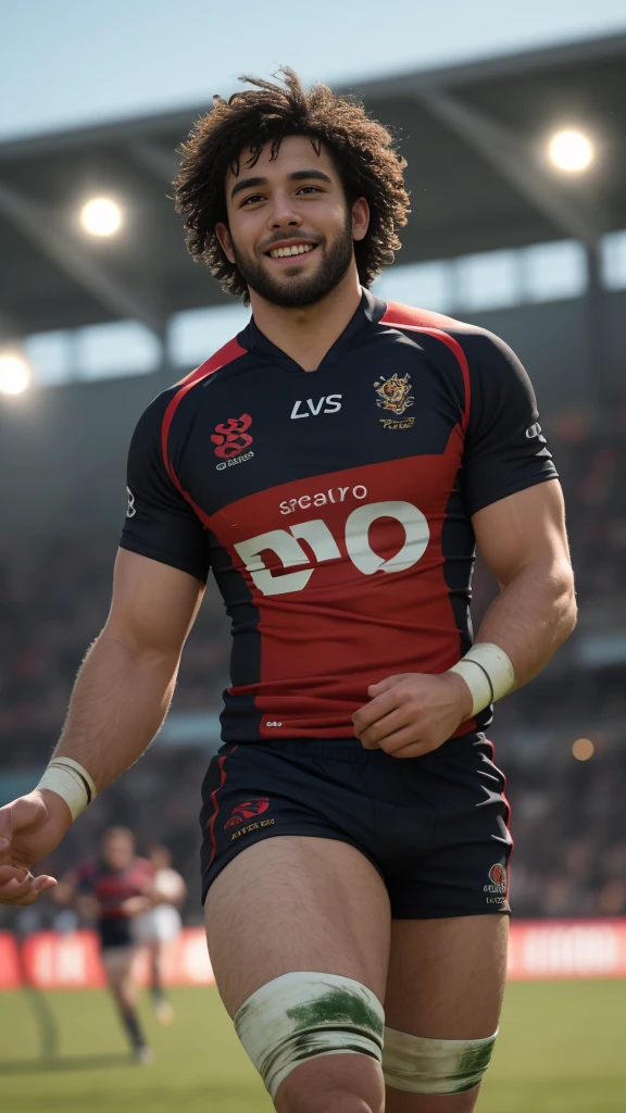Down view of 1 pale man rugby player ,Full body, rugby player, sport tight pants, vpl, rugby esportive dirty uniform, black wavy hair fade , wide shoulders, captivating large eyes, beard European 30yo man, closed smile, large lips, left neck look, neck tribal tattoo, volumeric light, wearing team rugby uniform, muscular chest, long legs, nice detailed thighs, field rugby bokeh background, colorful golden-hour vivid colors.