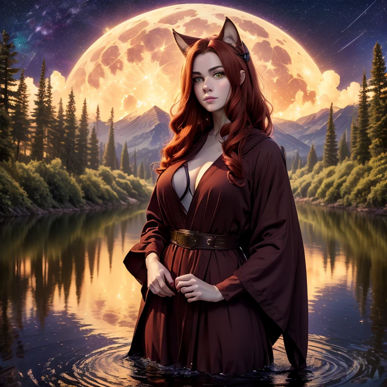 Young catgirl like Mari from blue archive but realistic, nice face, green eyes, ginger fur cat ears on her head, red hair, dark purple clothes of a priest s robe. Enviroment: girl standing on feet on the surface of the water, against the backdrop of a deep starry sky, the milky way and the moon. Mistycal style, twilight atmosphere. Light: soft, the stars glow and slightly reflect in the clothes robe, reflect in water surface. Ultra - Wide Angle —s 500