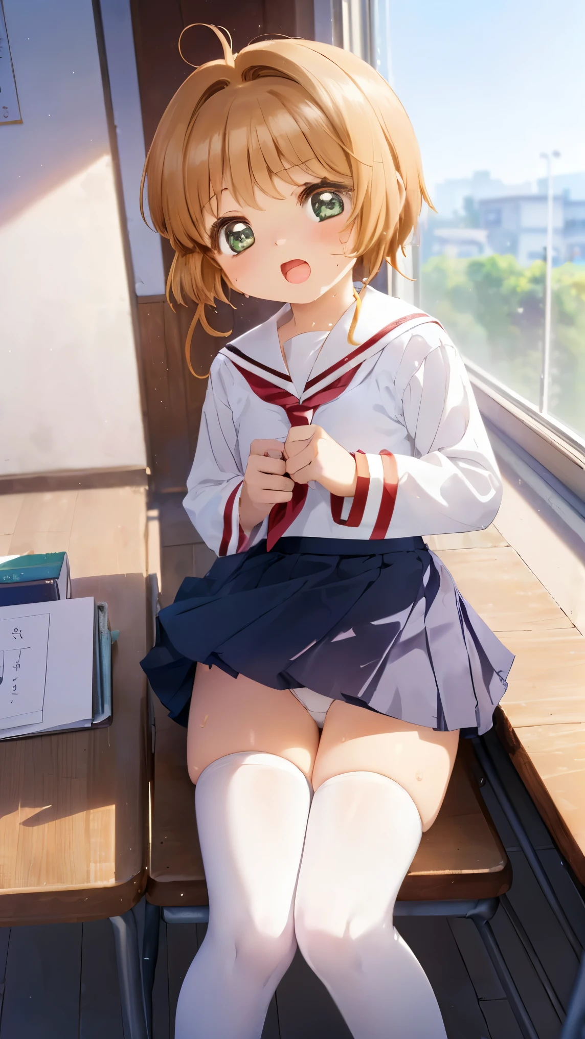 highest quality,masterpiece,8k,((((1girl)))),small breasts,((((,loli:1.3))))asm,blush,sweat,kinomoto sakura,((tomoeda elementary school uniform)),short hair,((mini skirt,lift skirt,upskirt,white thighhighs,white panties:1.1)),classroom