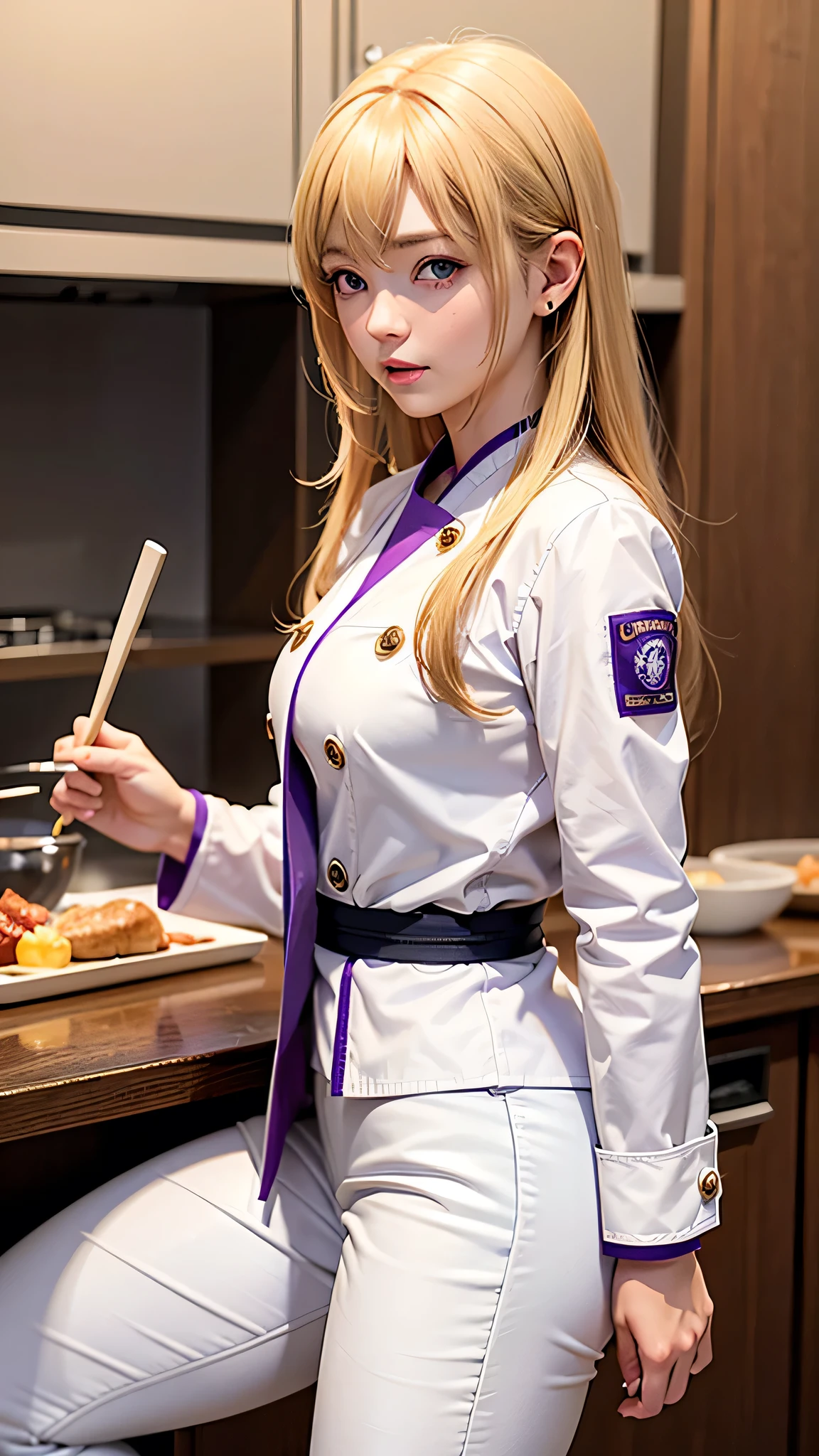 highres, masterpiece, nakiri erina, shokugeki no souma, blond, solo, 1girl, cute, detailed eyes, long hair, purple eyes, chef outfit, white jacket, white pants