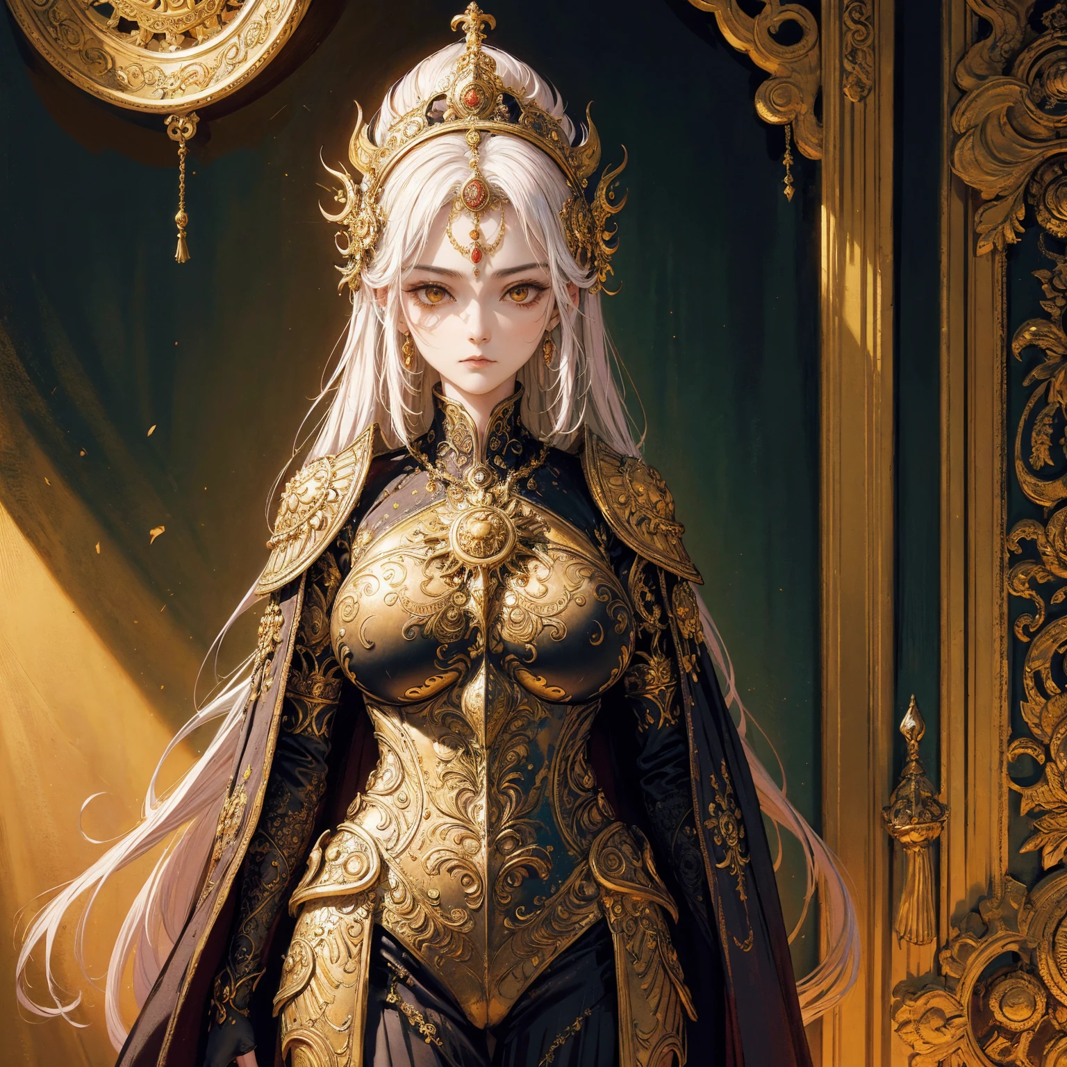 Art of woman wearing sun crown and ornate breastplate, ancient goddess art, Sacredness. Very detailed, Mysterious inspiration, Inspiration from the Sun God, Religious inspiration, Snob face, Extremely indifferent expression, Standing, Full body portrait, Gothic art style, Weird art style, Mystic art style