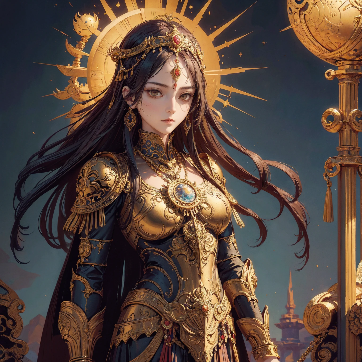 Art of woman wearing sun crown and ornate breastplate, ancient goddess art, Sacredness. Very detailed, Mysterious inspiration, Inspiration from the Sun God, Religious inspiration, Snob face, Extremely indifferent expression, Standing, Full body portrait, Gothic art style, Weird art style, Mystic art style