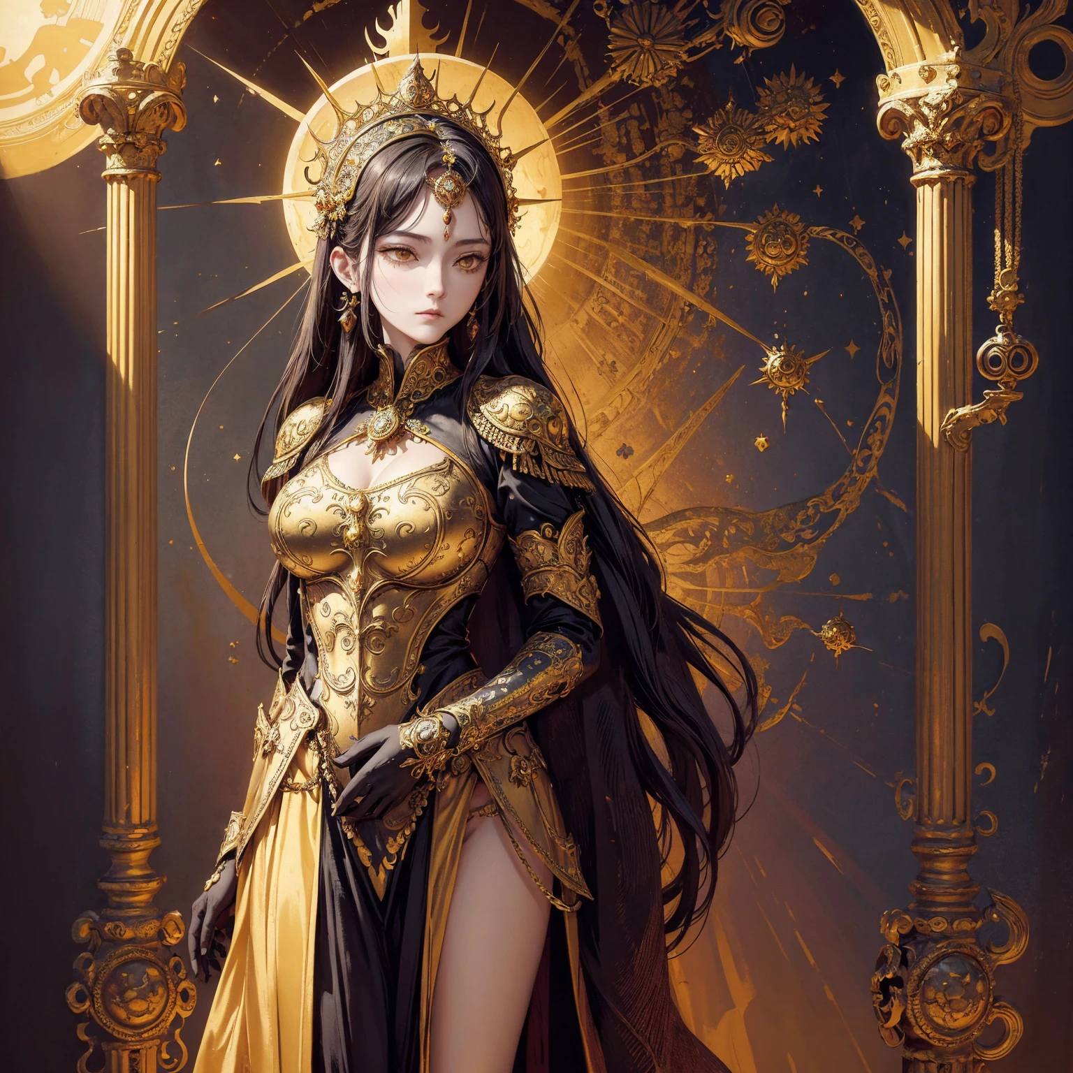 Art of woman wearing sun crown and ornate breastplate, ancient goddess art, Sacredness. Very detailed, Mysterious inspiration, Inspiration from the Sun God, Religious inspiration, Snob face, Extremely indifferent expression, Standing, Full body portrait, Gothic art style, Weird art style, Mystic art style