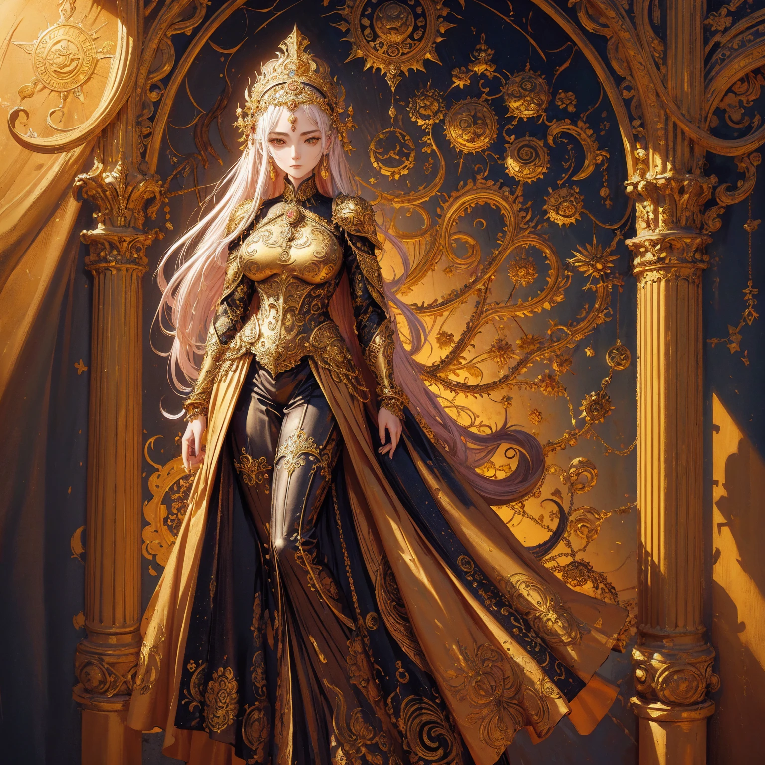 Art of woman wearing sun crown and ornate breastplate, ancient goddess art, Sacredness. Very detailed, Mysterious inspiration, Inspiration from the Sun God, Religious inspiration, Snob face, Extremely indifferent expression, Standing, Full body portrait, Gothic art style, Weird art style, Mystic art style