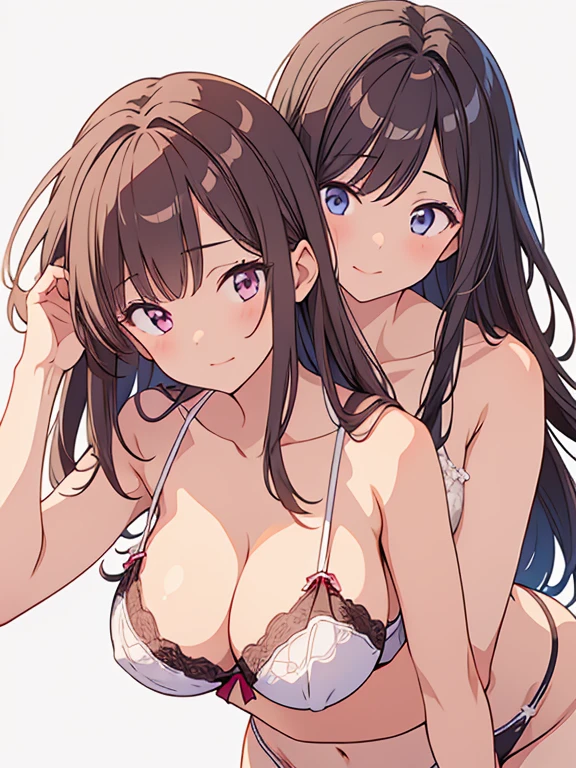 ((Masterpiece, best quality)), white background, smug, lingerie, 2girls, yuri, lesbian, grabbing another's breast from behind, small breasts, huge breasts, 
