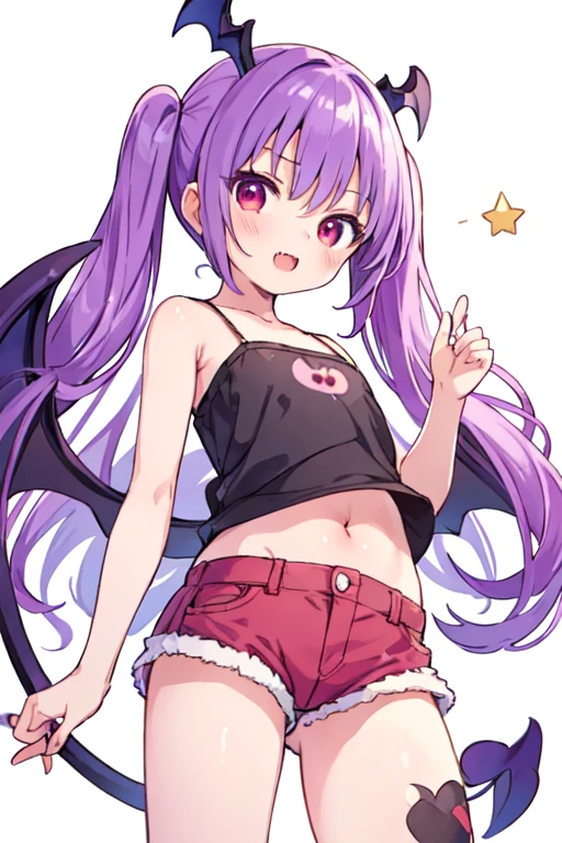character sheet, Highly detailed and realistic CG, Colorful, Masterpiece, Best Quality, jewel-like eyes, 1girl, solo, pink hair, shiny hair, long straight hair, slender, skinny legs, succubus costume, layered , luxury boots, violet eyes, large , under , tube top, smirk, smile, jitome, half-closed eyes, tsurime, simple background, open mouth, from pov, best quality eyes, fangs, tsundere, stylish pose, floating, jumping, (shiny skin:1.2), succubus headdress, succubus wings, succubus tail, heart choker, navel, belly button,ugaki, teasing, smug