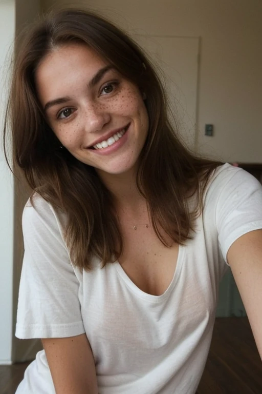 beautiful average looking woman, smiling, white teeth, small breasts, nice body, baggy tshirt, ((leaning forward)), down blouse, (looking at the camera:1.4), (highest quality), (best shadow), intricate details, interior, brown hair:1.3, dark studio, muted colors, freckles