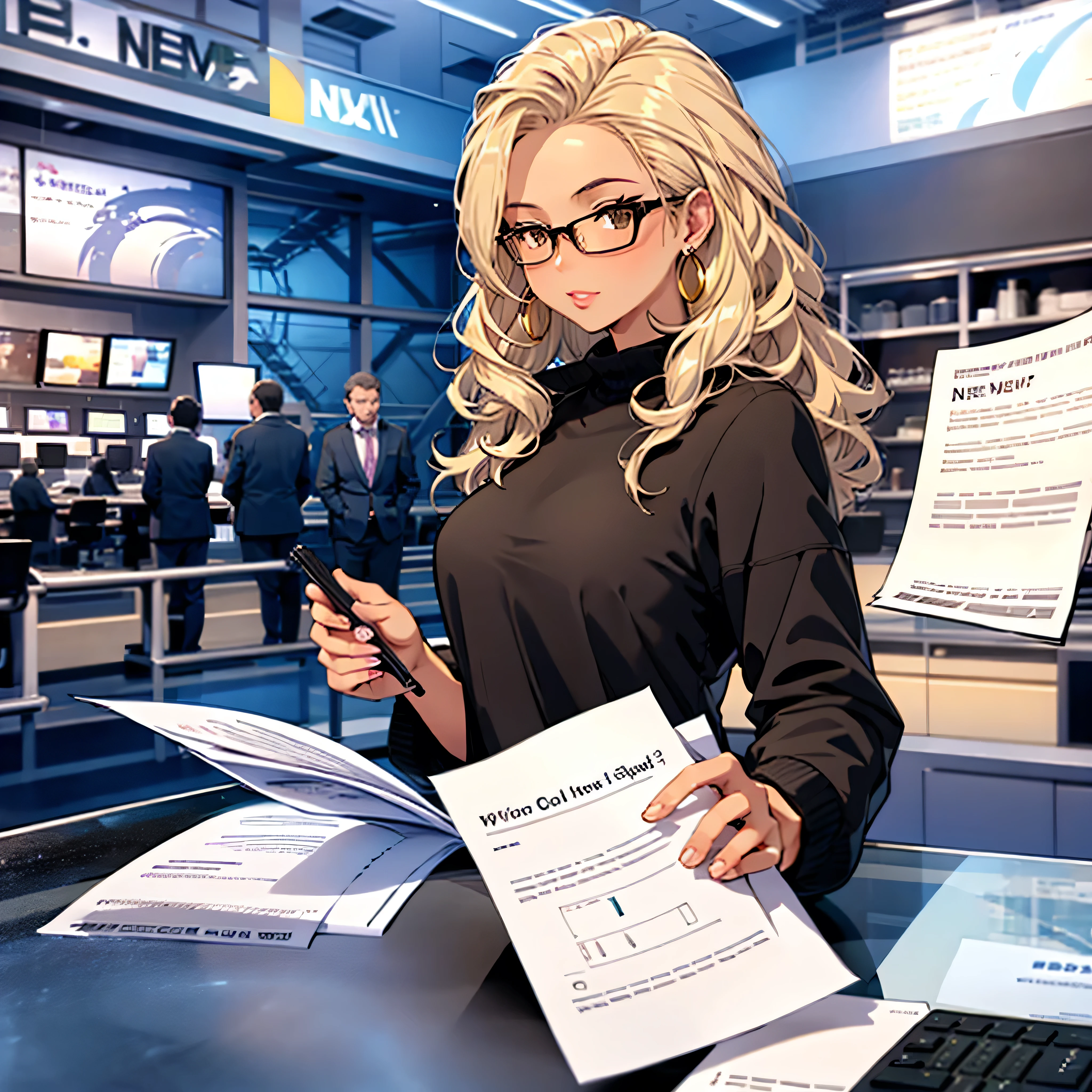 JS_News,leading news,in news studio,sits by the table,1 girl, brown skin, blonde curly hair, laptop on the table,papers on the table, professional attire, black jacket, big nerdy glasses, big gold ring earrings