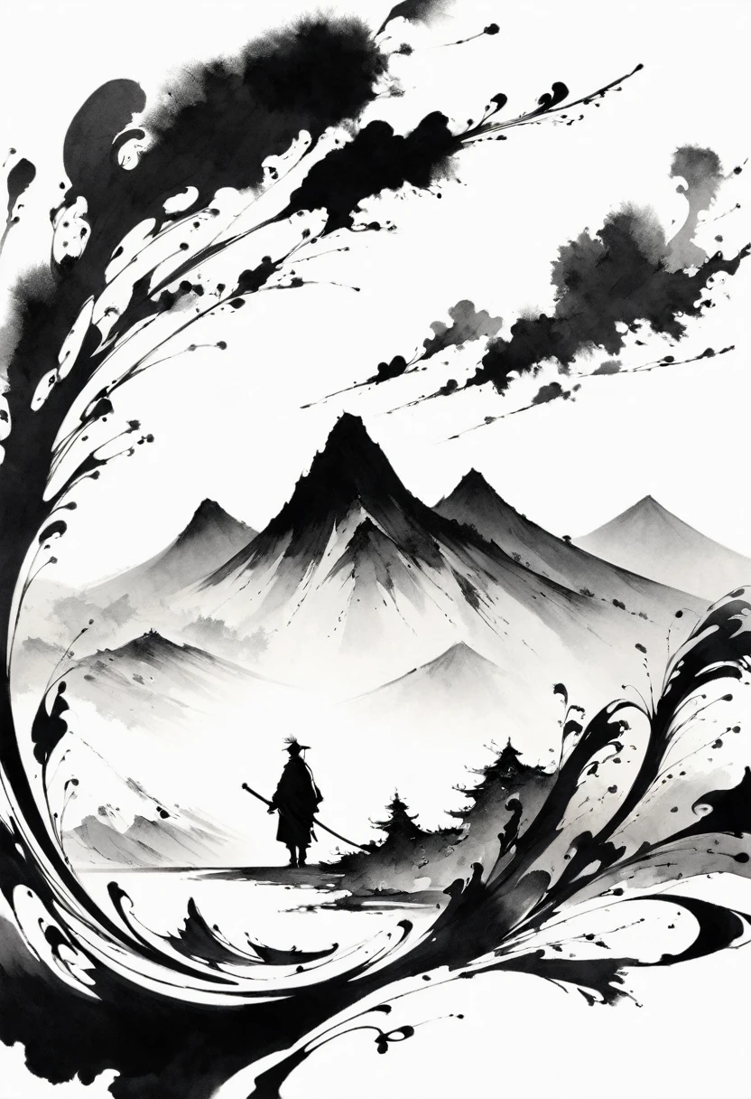 (Lots of white space:1.5)，(Lots of white space around:1.6), White background, simple, Minimalism, abstract,Freehand，Aesthetic，black and white，Ink Painting，antiquity，a mountain，A person far away