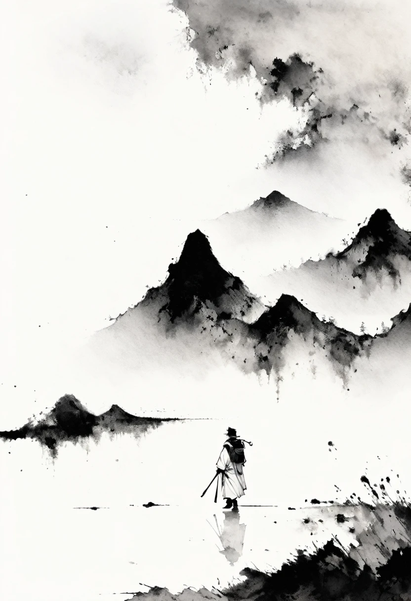 (Lots of white space:1.5)，(Lots of white space around:1.6), White background, simple, Minimalism, abstract,Freehand，Aesthetic，black and white，Ink Painting，antiquity，a mountain，A person far away