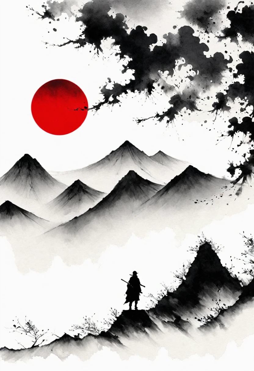 (Lots of white space:1.5),(Lots of white space around:1.6), White background, simple, Minimalism, abstract,Freehand,Aesthetic,black and white,Ink Painting,antiquity,a mountain,A person far away