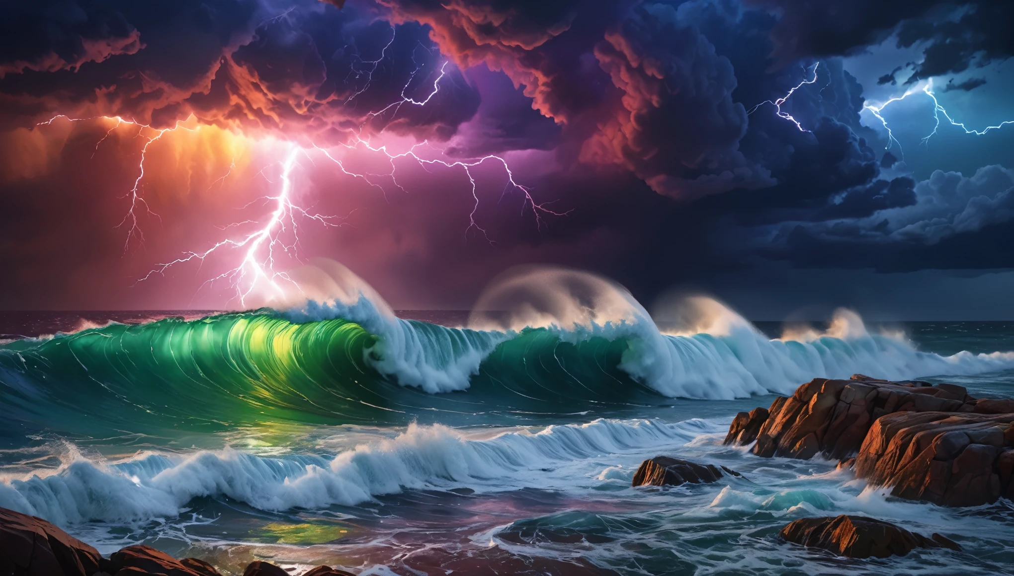 Photo-realistic, Rough sea, dark clouds, Colorful red, green, blue, purple, yellow and red lightning, rock, (Night:1.2), Very big and tall (iridescent glow:1.4) wave,