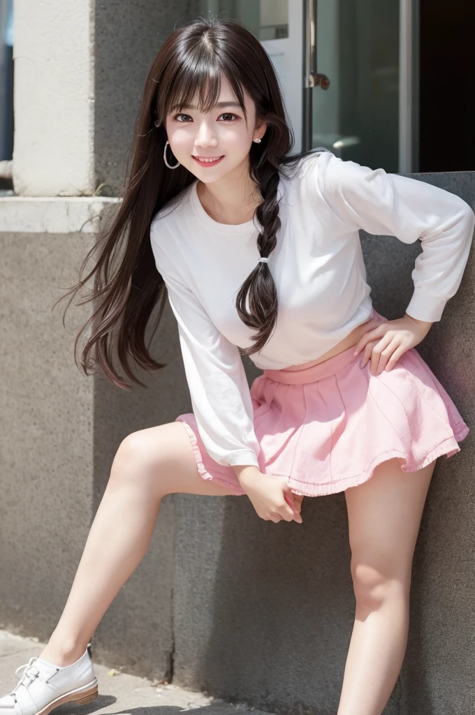 highest quality、8k Masterpiece、超A high resolution、(Photorealistic:1.3)、RAW Photos、1 girl、Long black hair in a ponytail swaying in the wind、Glowing Skin、((Ultra-Realistic Details))、Portrait、Global Illumination、Shadow、Octane Rendering、8k、Super sharp、Beautiful breasts、Metal、Cold colors、、Very intricate details、Realistic Light、CGSoation Trend、Beautiful Eyes、Shining Eyes、To the camera、Neon Details、２０age、Mean、Small devil、Obscene、wide shot、full body、Silver charm on the ankle、smile、Young body shape、未来的な白いIdol衣装、Cosplay、A little sexy、Moe、very cute、cute、pure、virgin、love、Idol、pink、mini skirt、見たこともなほど可愛いIdol衣装、A girly cafe with gentle sunlight