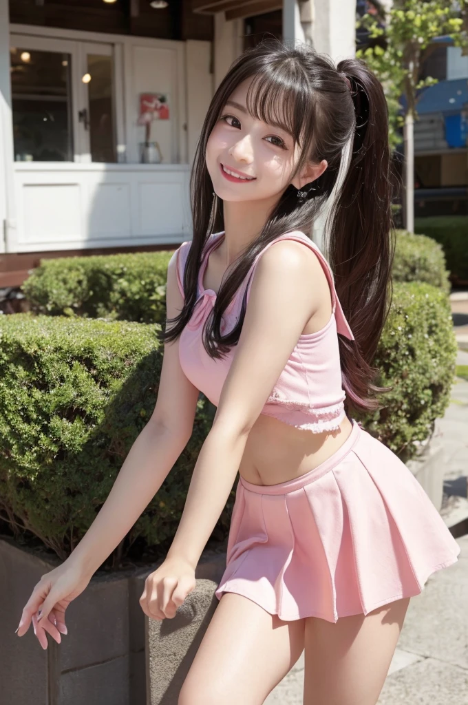 highest quality、8k Masterpiece、超A high resolution、(Photorealistic:1.3)、RAW Photos、1 girl、Long black hair in a ponytail swaying in the wind、Glowing Skin、((Ultra-Realistic Details))、Portrait、Global Illumination、Shadow、Octane Rendering、8k、Super sharp、Beautiful breasts、Metal、Cold colors、、Very intricate details、Realistic Light、CGSoation Trend、Beautiful Eyes、Shining Eyes、To the camera、Neon Details、20age、Mean、Small devil、Obscene、wide shot、full body、Silver charm on the ankle、smile、Young body shape、未来的な白いIdol衣装、Cosplay、A little sexy、Moe、very cute、cute、pure、virgin、love、Idol、pink、mini skirt、見たこともなほど可愛いIdol衣装、A girly cafe with gentle sunlight