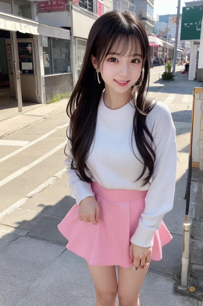 highest quality、8k Masterpiece、超A high resolution、(Photorealistic:1.3)、RAW Photos、1 girl、Long black hair in a ponytail swaying in the wind、Glowing Skin、((Ultra-Realistic Details))、Portrait、Global Illumination、Shadow、Octane Rendering、8k、Super sharp、Beautiful breasts、Metal、Cold colors、、Very intricate details、Realistic Light、CGSoation Trend、Beautiful Eyes、Shining Eyes、To the camera、Neon Details、２０age、Mean、Small devil、Obscene、wide shot、full body、Silver charm on the ankle、smile、Young body shape、未来的な白いIdol衣装、Cosplay、A little sexy、Moe、very cute、cute、pure、virgin、love、Idol、pink、mini skirt、見たこともなほど可愛いIdol衣装、A girly cafe with gentle sunlight