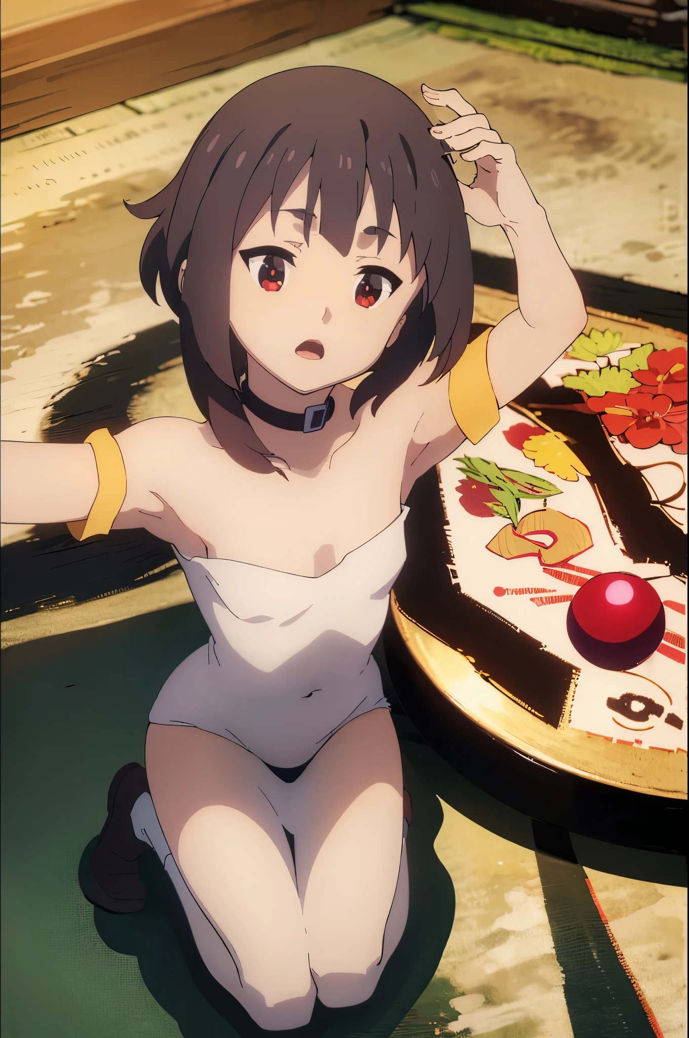 
Megumin ((masterpiece,best quality,ultra)). off shoulder-sweater. armpitpeek. armpit . armup . looking at viewr . cute .flat lol . grade school girl. kneeling. young body. naked. close camera.