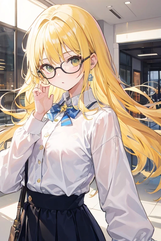 melissa shield, 1girl, solo, long hair, looking at viewe blond hair and white shirt,glasses,yellow hair