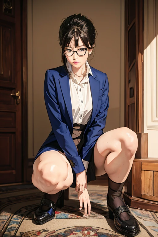 highest quality、masterpiece、High sensitivity、High resolution、Mature Woman、Skinny body、Glasses、squat