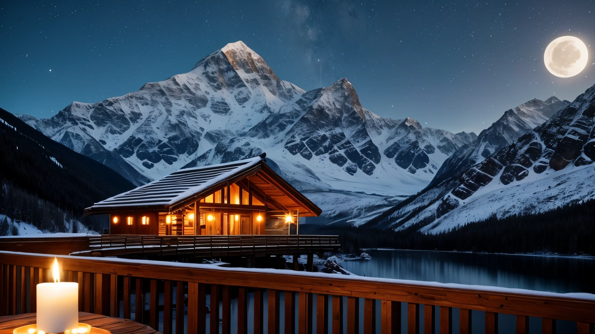A distant mountain hut in the moonlight、Candle flame、lake、Balcony