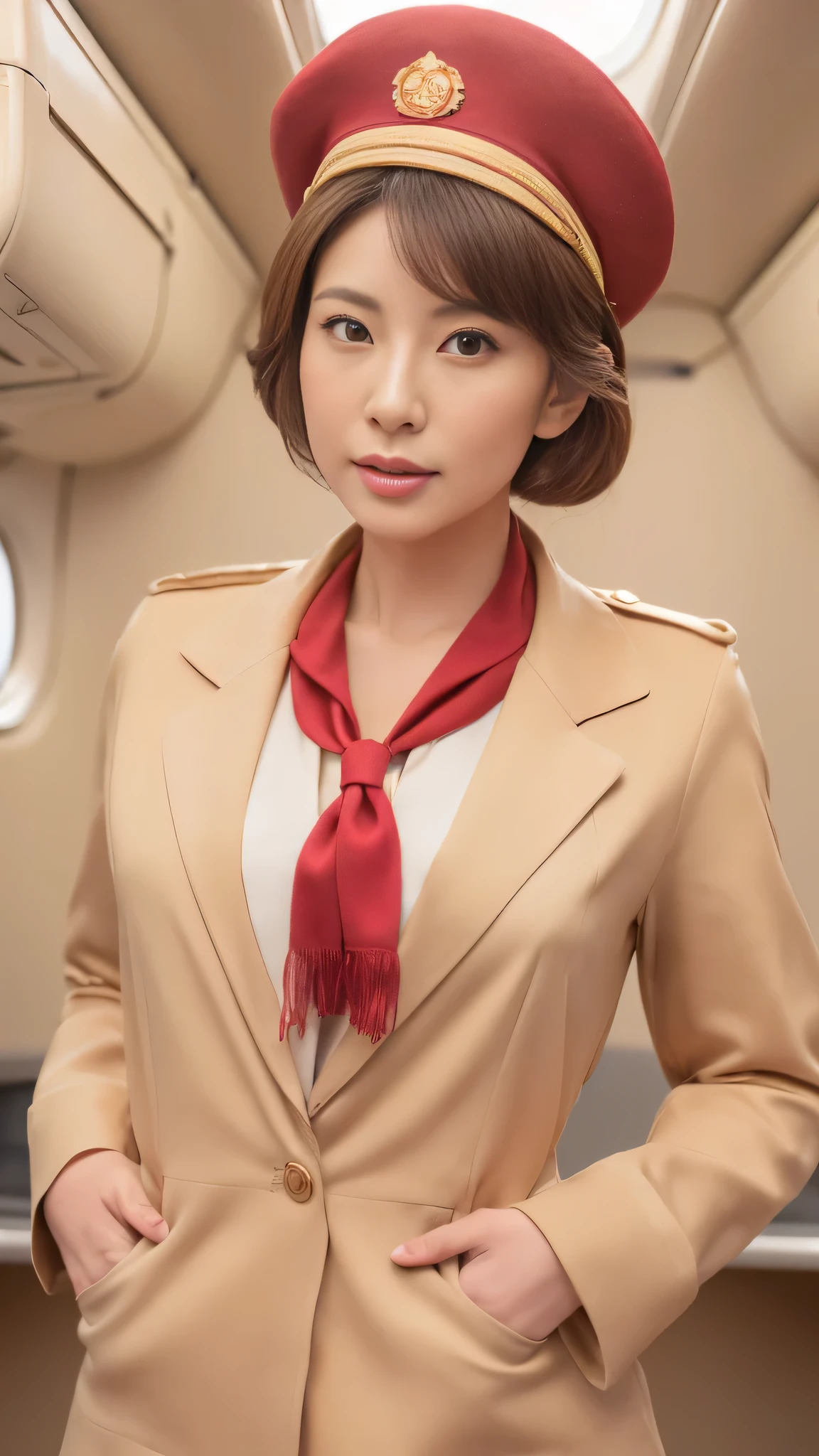 (8k, best quality, masterpiece, golden ratio composition,:1.3), (Zoom out shot:1.2), (A beautiful Japanese mature woman dressed in a classic flight attendant uniform,  fitted beige jacket, white blouse, red neck scarf, ,very small and short neck scarf, small red hat ,light makeup:1.3), (huge breasts), standing in an airplane cabin