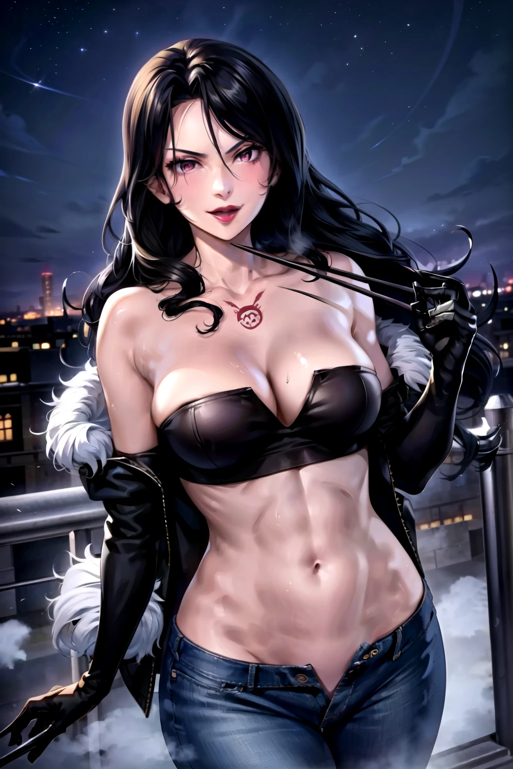 1girl, solo, lust \(fma\), licking lips, large breasts, evil smile, smile, blush, lipstick, fur trim, mature female, gloves, fur-trimmed coat, outdoors, rooftop, cityscape, building, railing, night, night sky, scenery, city lights, lipstick, jacket, masterpiece,high quality,4k, bare shoulder,belly,crop top,outdoor,cleavage,jeans,casual dress,street,road,smile, open mouth, holding a gun,handgun, evil expression, exposed belly, exposed navel, exposed midriff, exposed lower belly, crop top overhang, underboob, unbuttoned jeans , low rise black jeans, Low rise jeans, Low rise jeans with open fly,