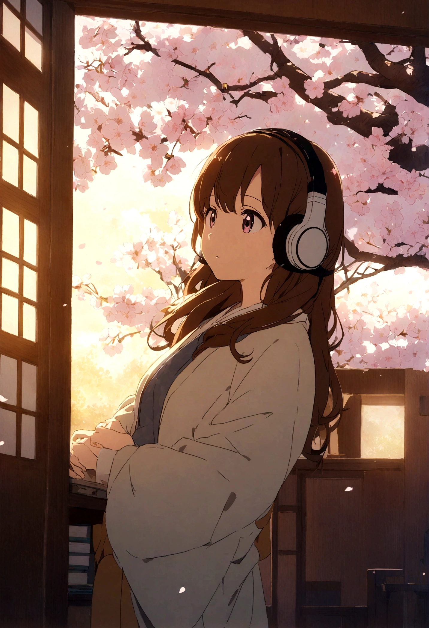 Beautiful girl studying in her room while listening to music on headphones、Warm lighting、Outside the room, Cherry blossoms are blooming、Japanese anime style