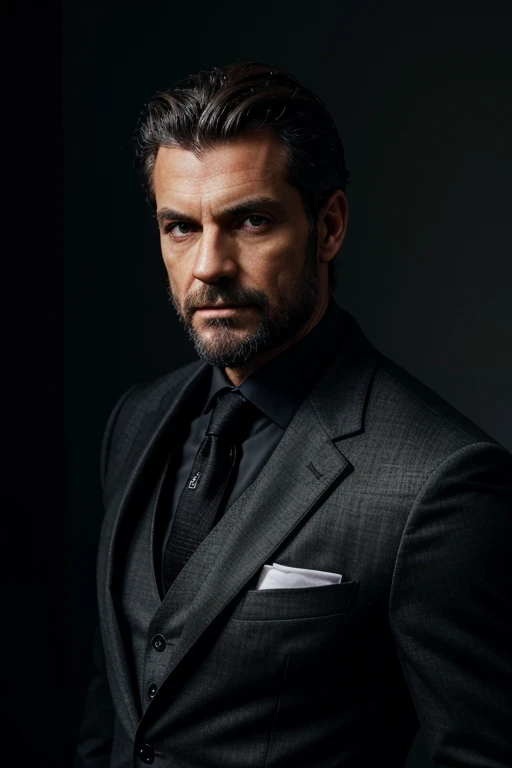 portrait homme, 50 ans, cheveux noirs et gris, barbe noire et grise, square jaw, black three piece suit, yeux verts, muscle, look at camera, dark room, lighting lamp, vielle maison
