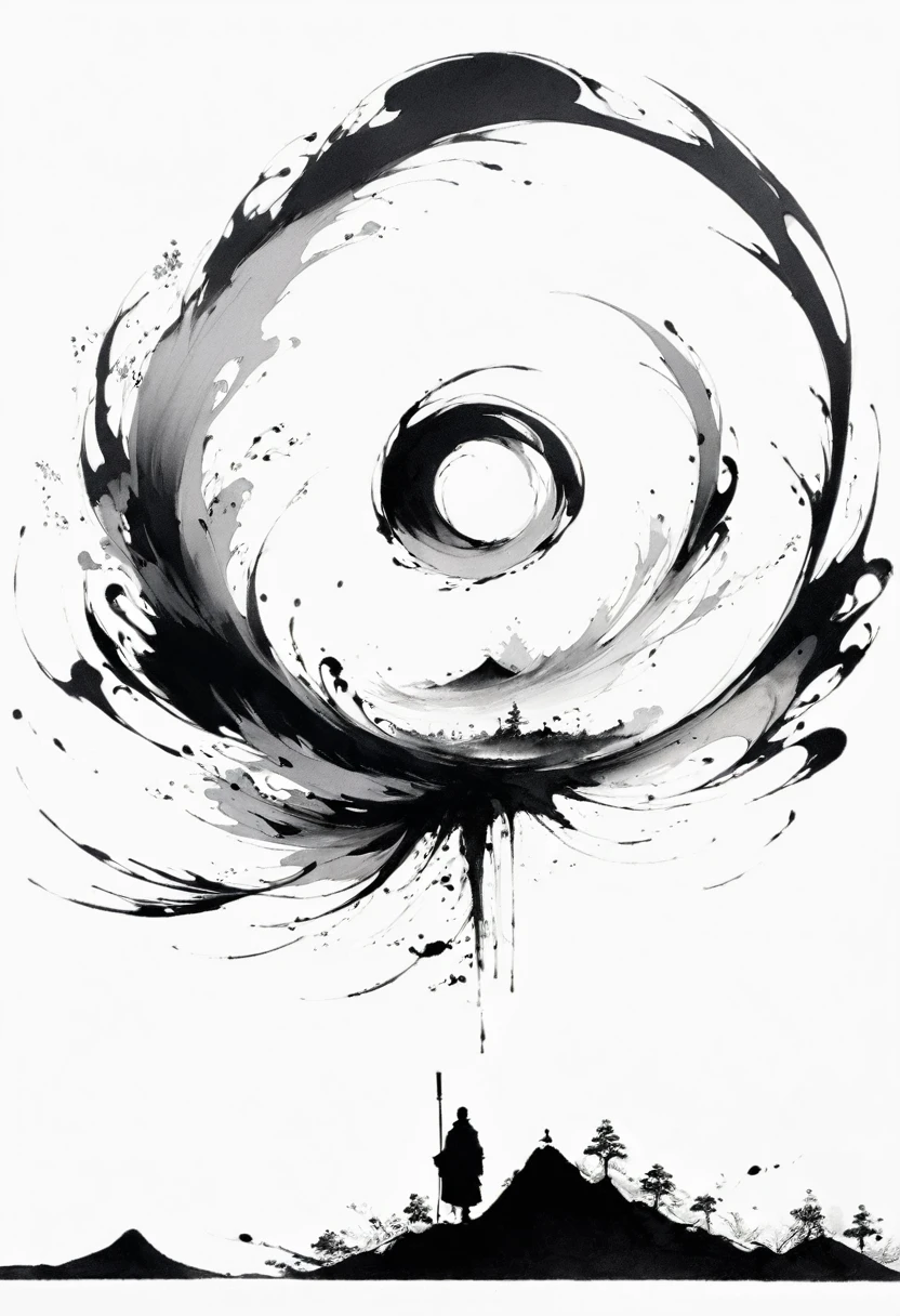(Lots of white space:1.5),(Lots of white space around:1.6), White background, simple, Minimalism, abstract,Freehand,Aesthetic,black and white,Ink Painting,antiquity,a mountain,A person far away